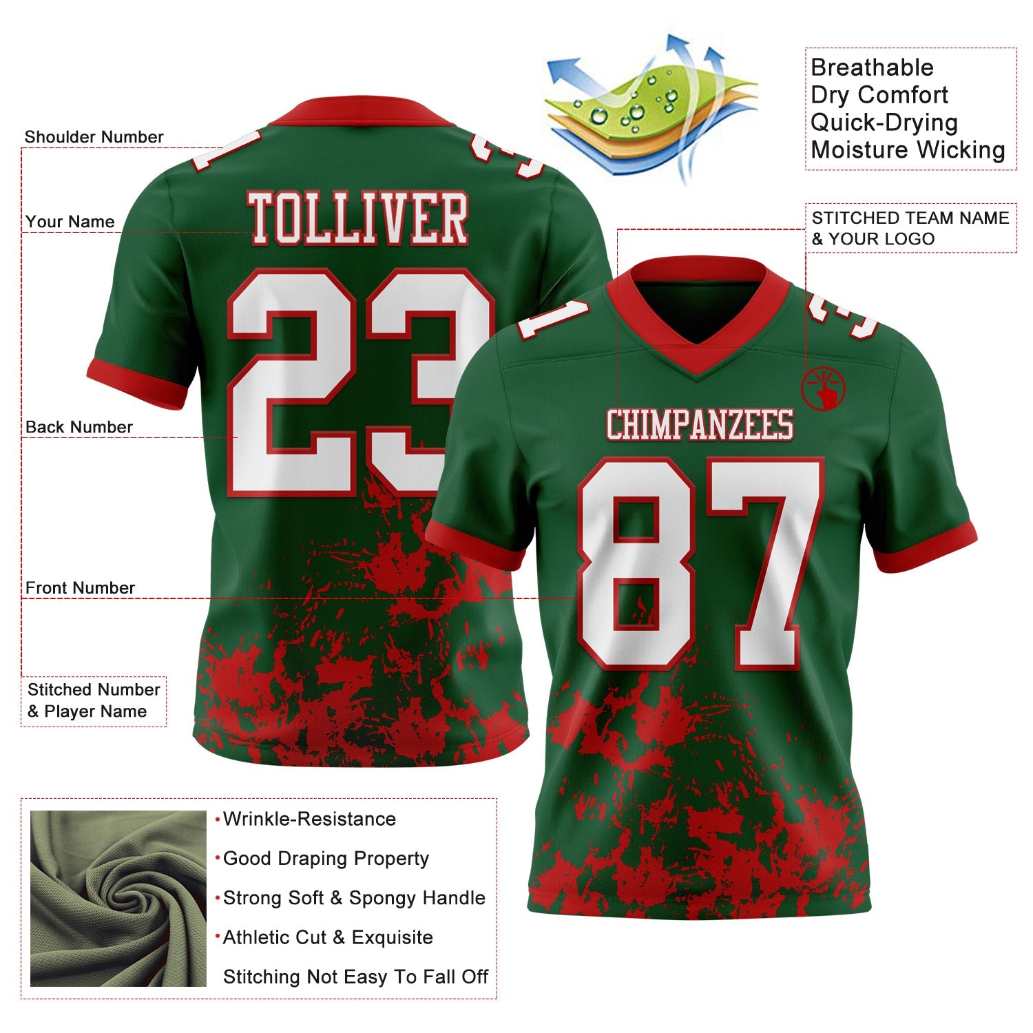 Custom Green White-Red 3D Pattern Splash Authentic Football Jersey view 2