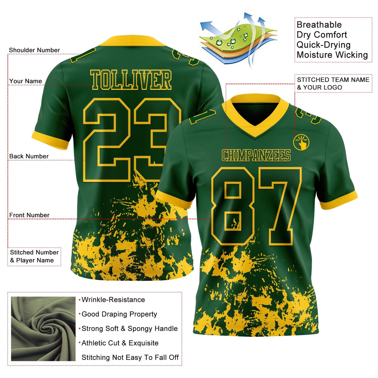 Custom Green Yellow 3D Pattern Splash Authentic Football Jersey view 2