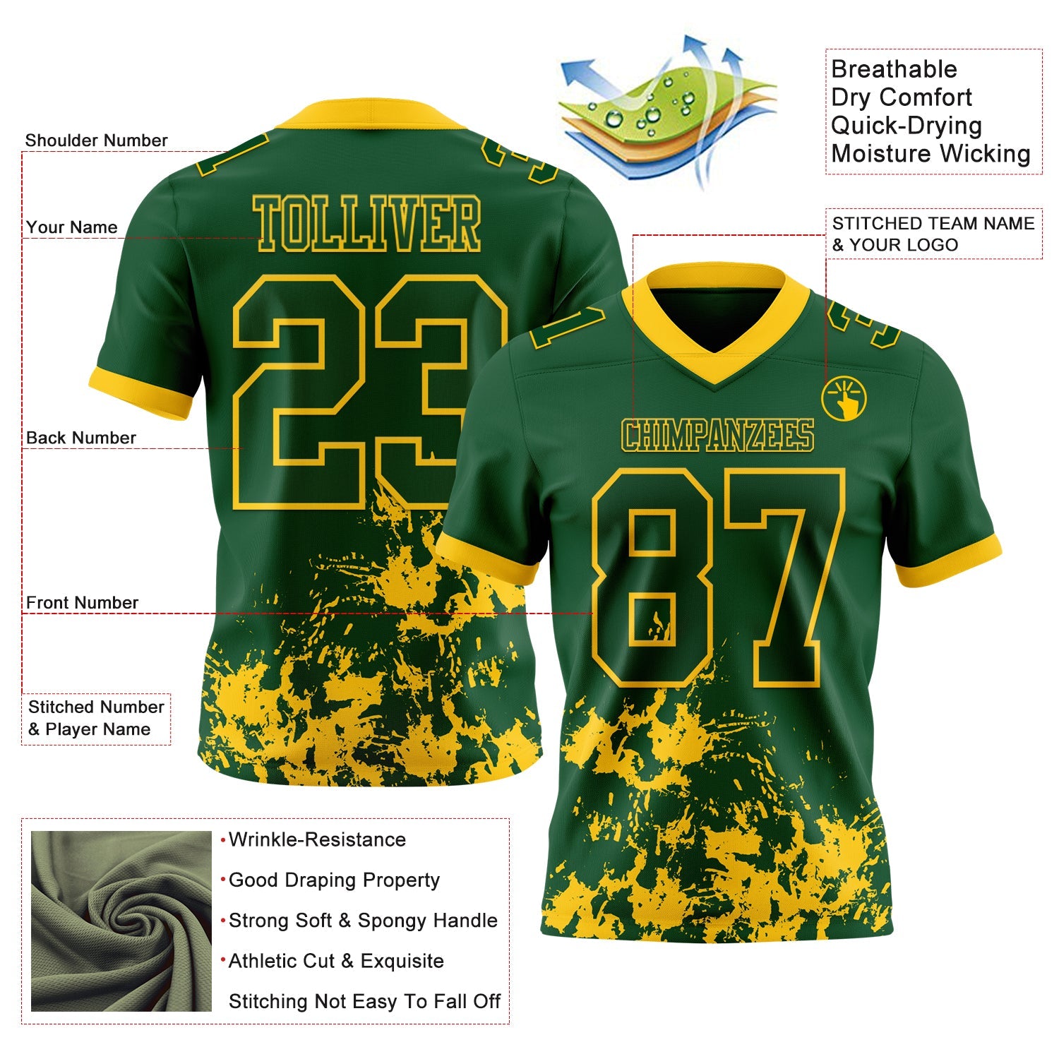 Custom Green Yellow 3D Pattern Splash Authentic Football Jersey view 2