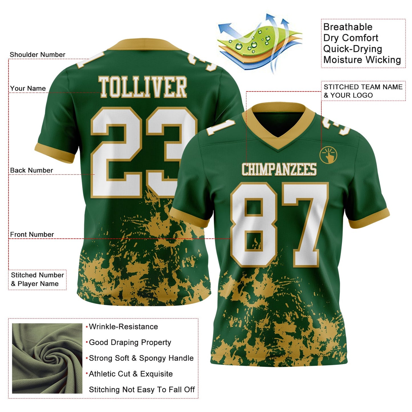 Custom Green White-Old Gold 3D Pattern Splash Authentic Football Jersey view 2
