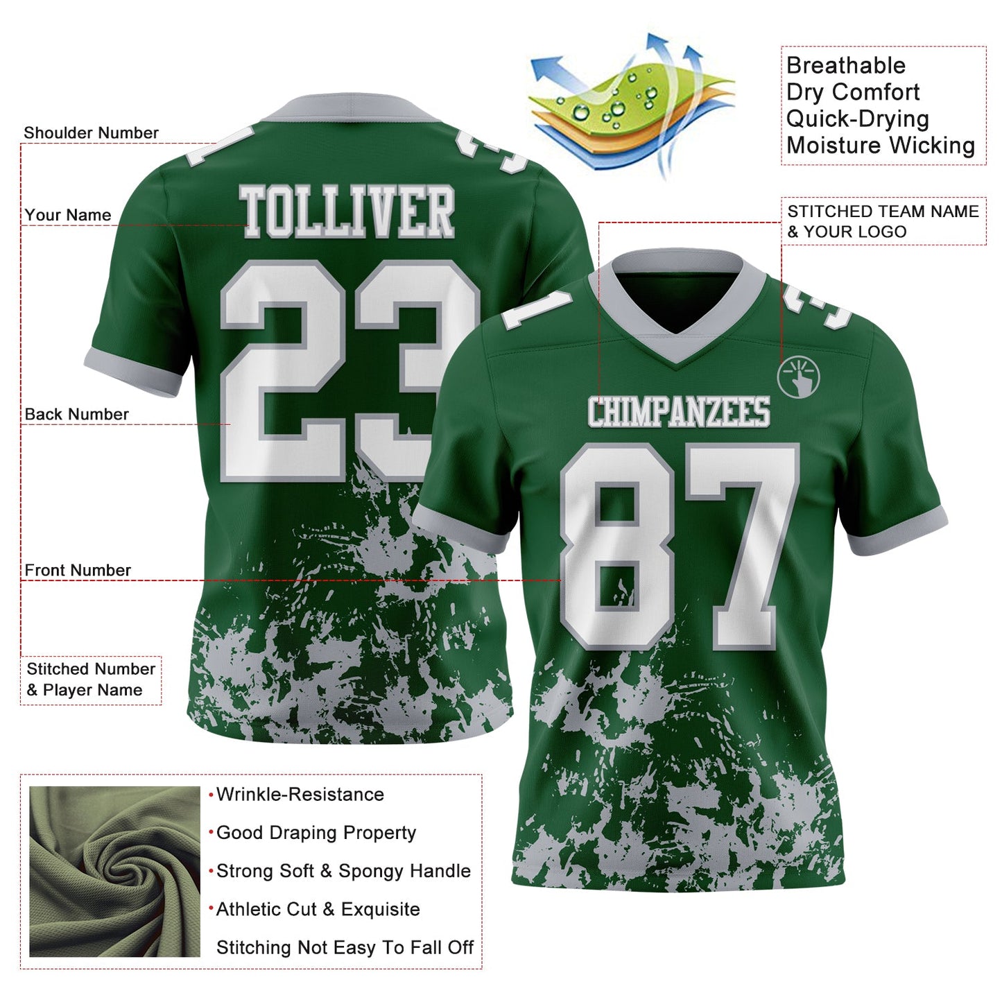 Custom Green White-Gray 3D Pattern Splash Authentic Football Jersey view 2