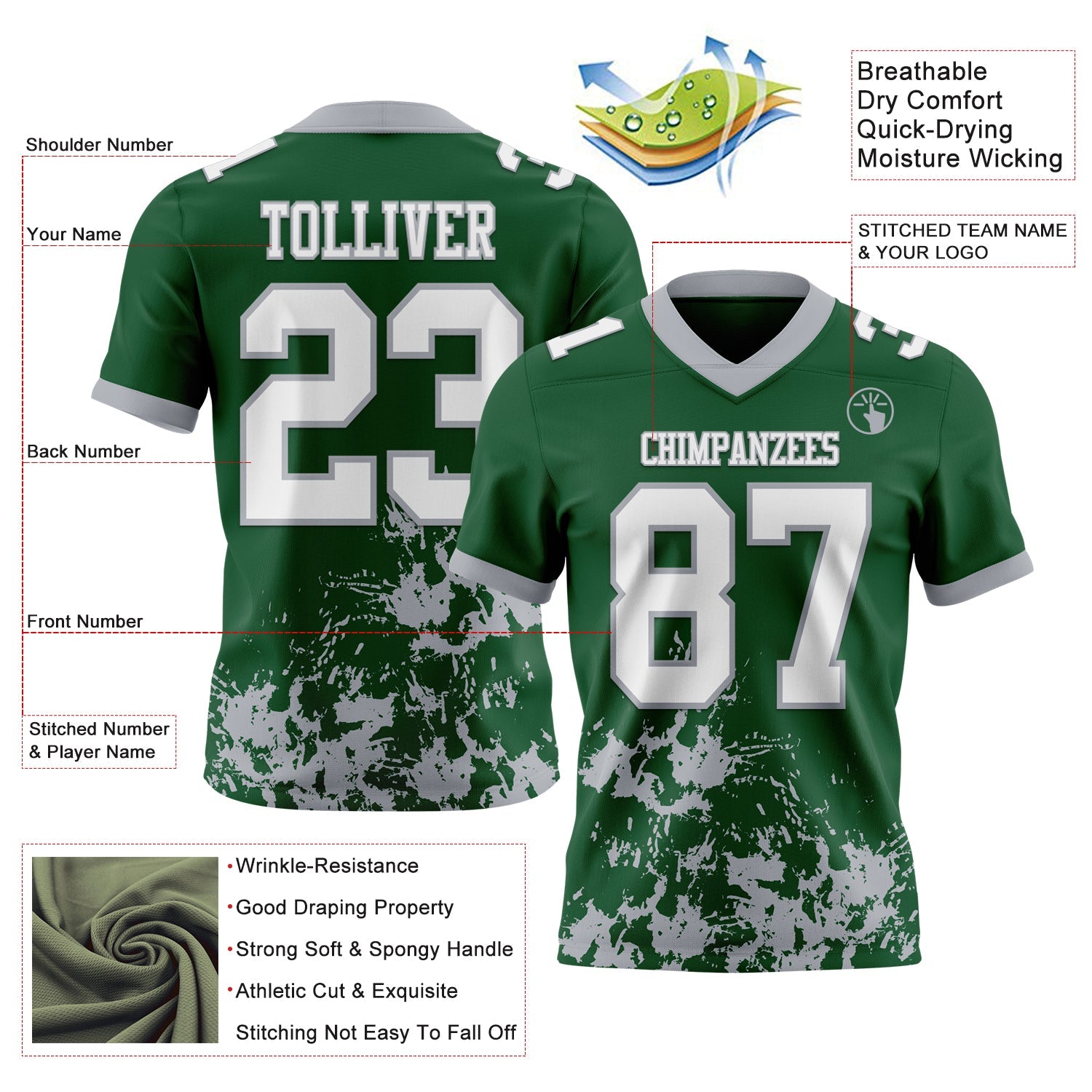 Custom Green White-Gray 3D Pattern Splash Authentic Football Jersey view 2