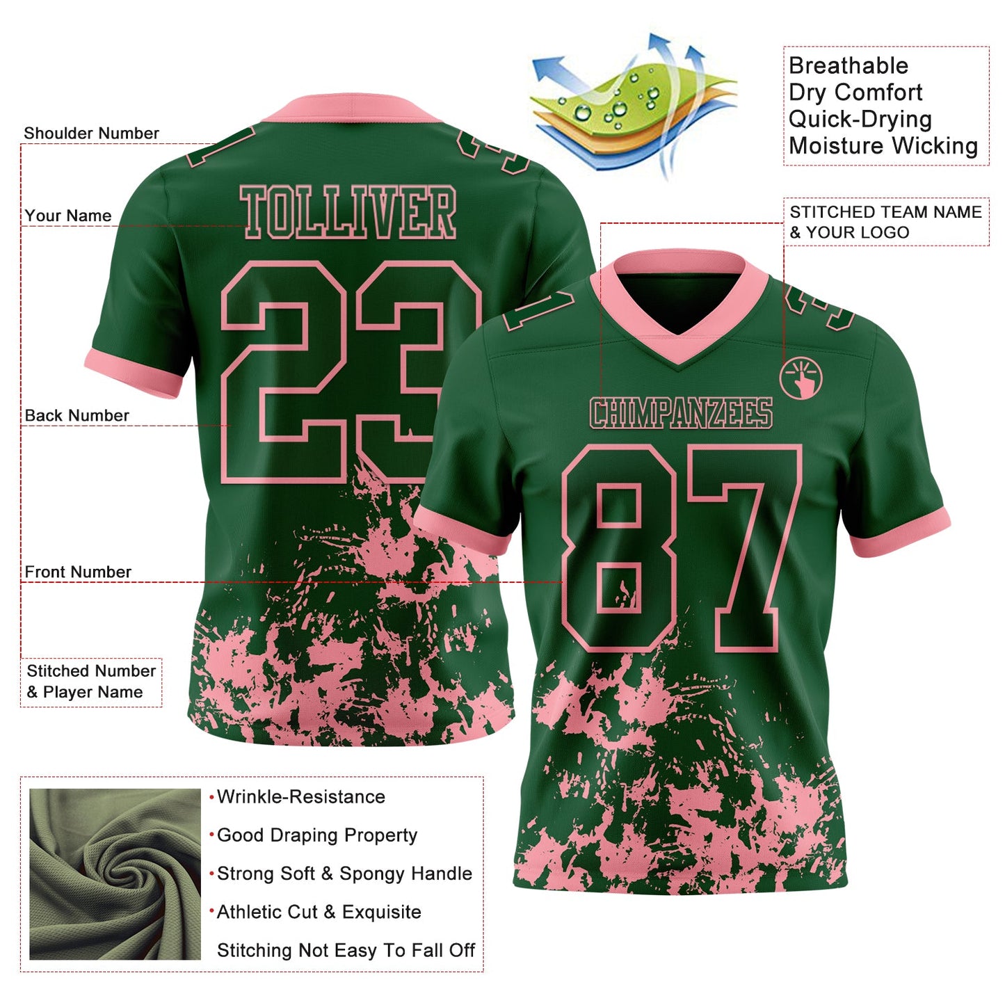 Custom Green Medium Pink 3D Pattern Splash Authentic Football Jersey view 2