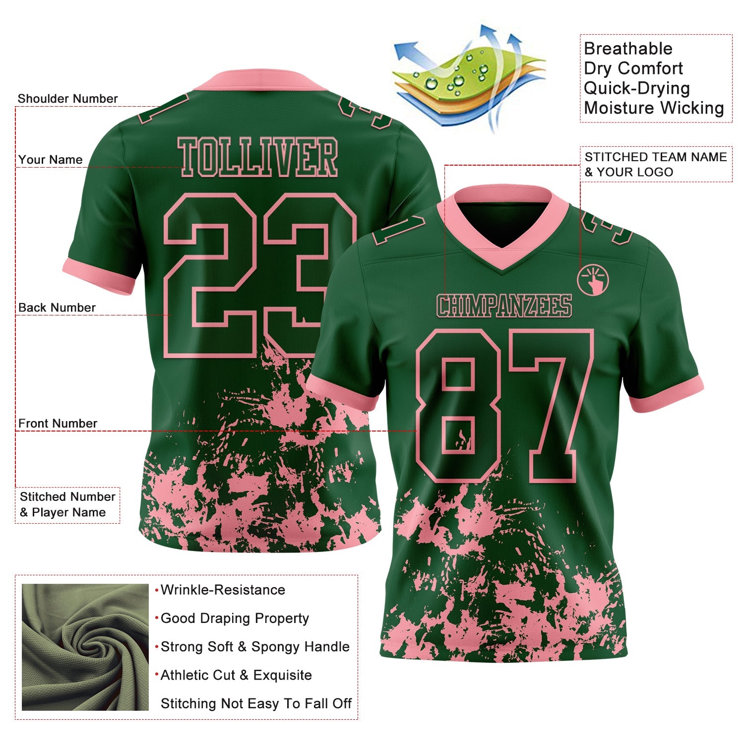Custom Green Medium Pink 3D Pattern Splash Authentic Football Jersey view 2