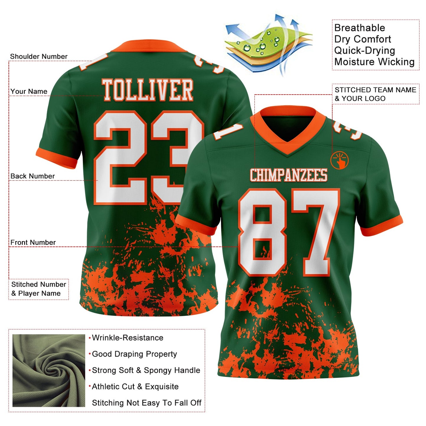 Custom Green White-Orange 3D Pattern Splash Authentic Football Jersey view 2