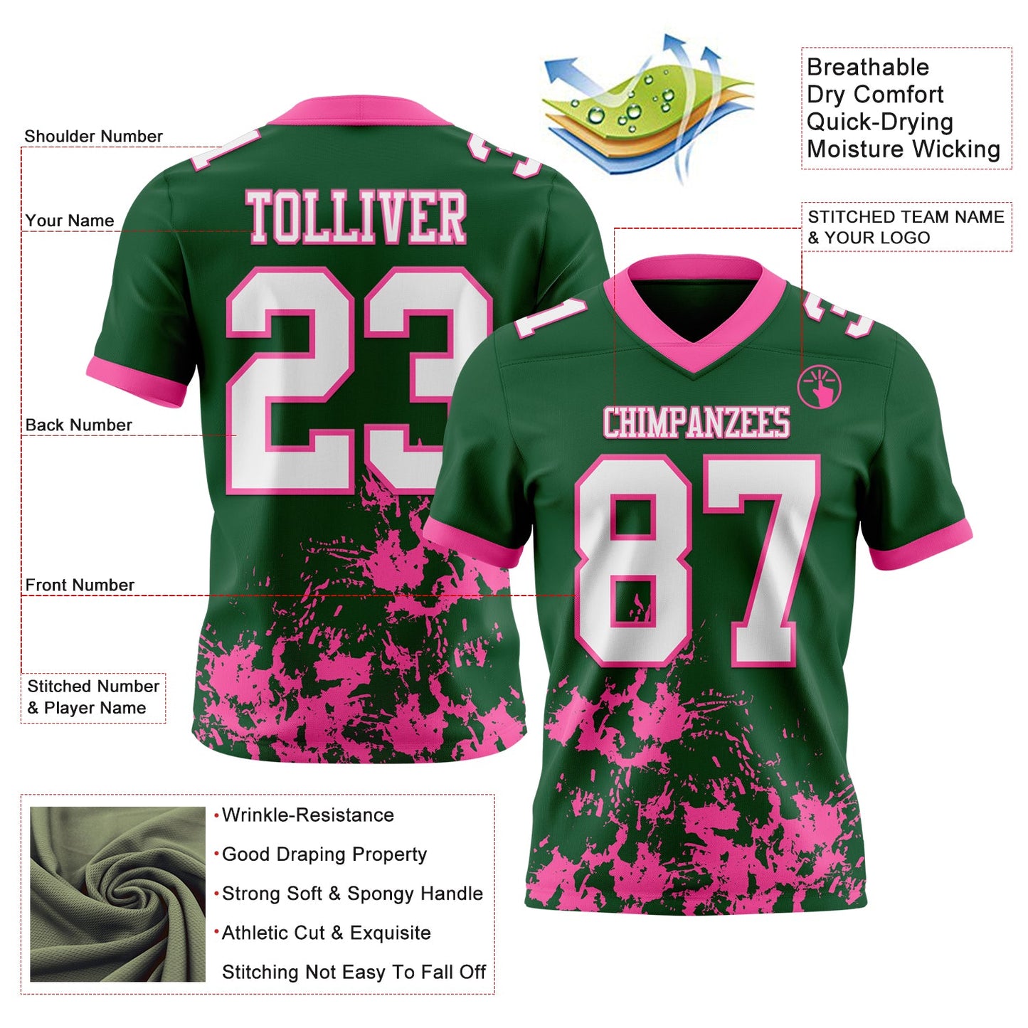 Custom Green White-Pink 3D Pattern Splash Authentic Football Jersey view 2