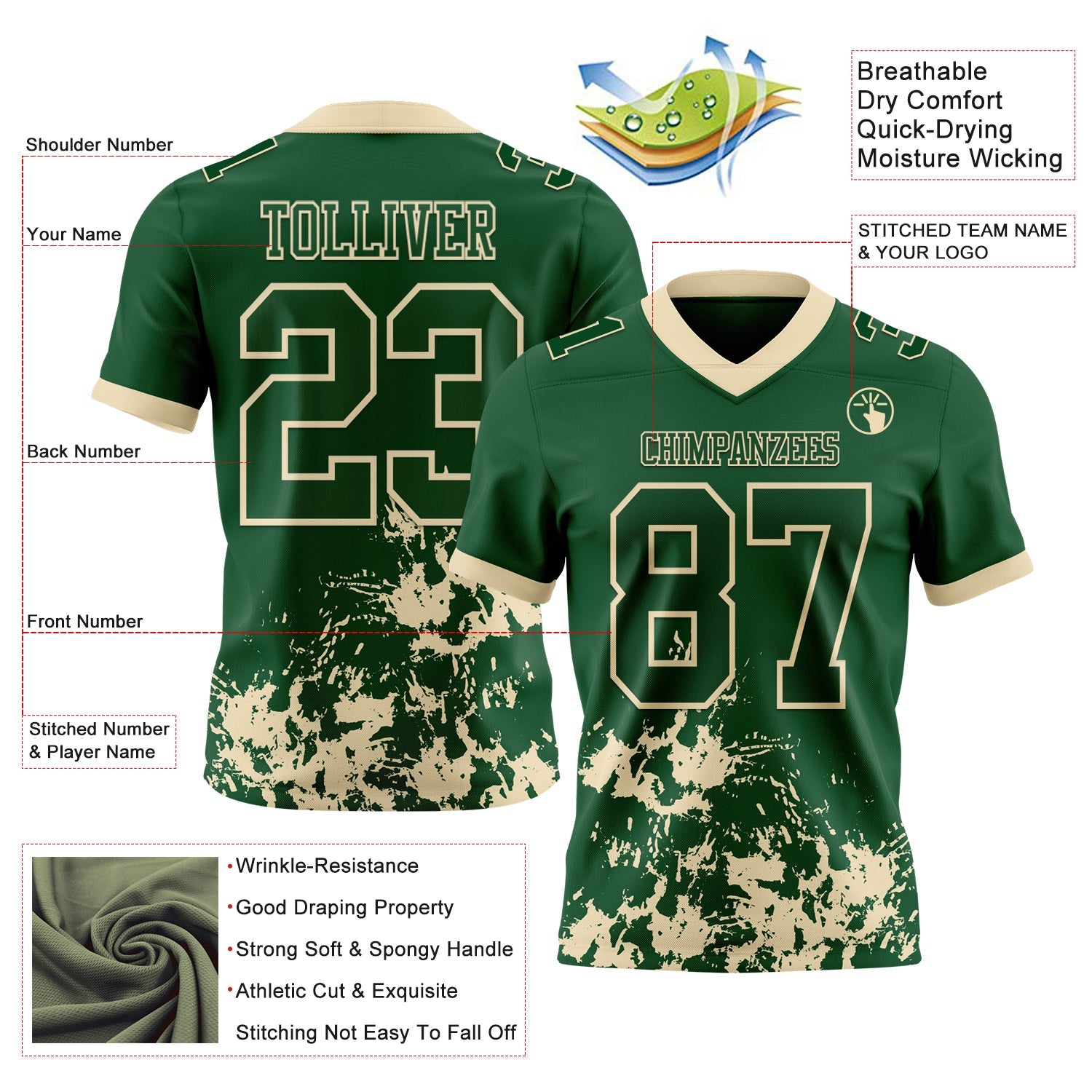 Custom Green Cream 3D Pattern Splash Authentic Football Jersey view 2