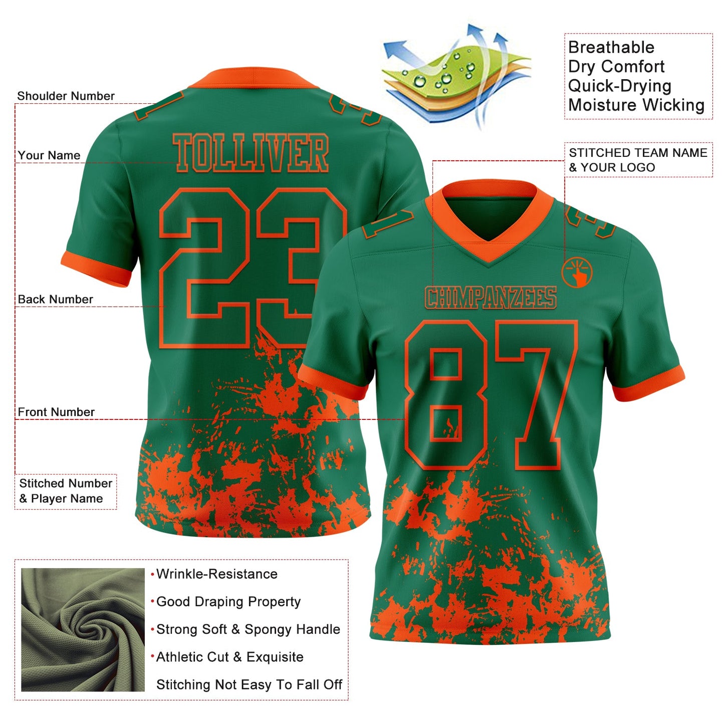 Custom Kelly Green Orange 3D Pattern Splash Authentic Football Jersey view 2