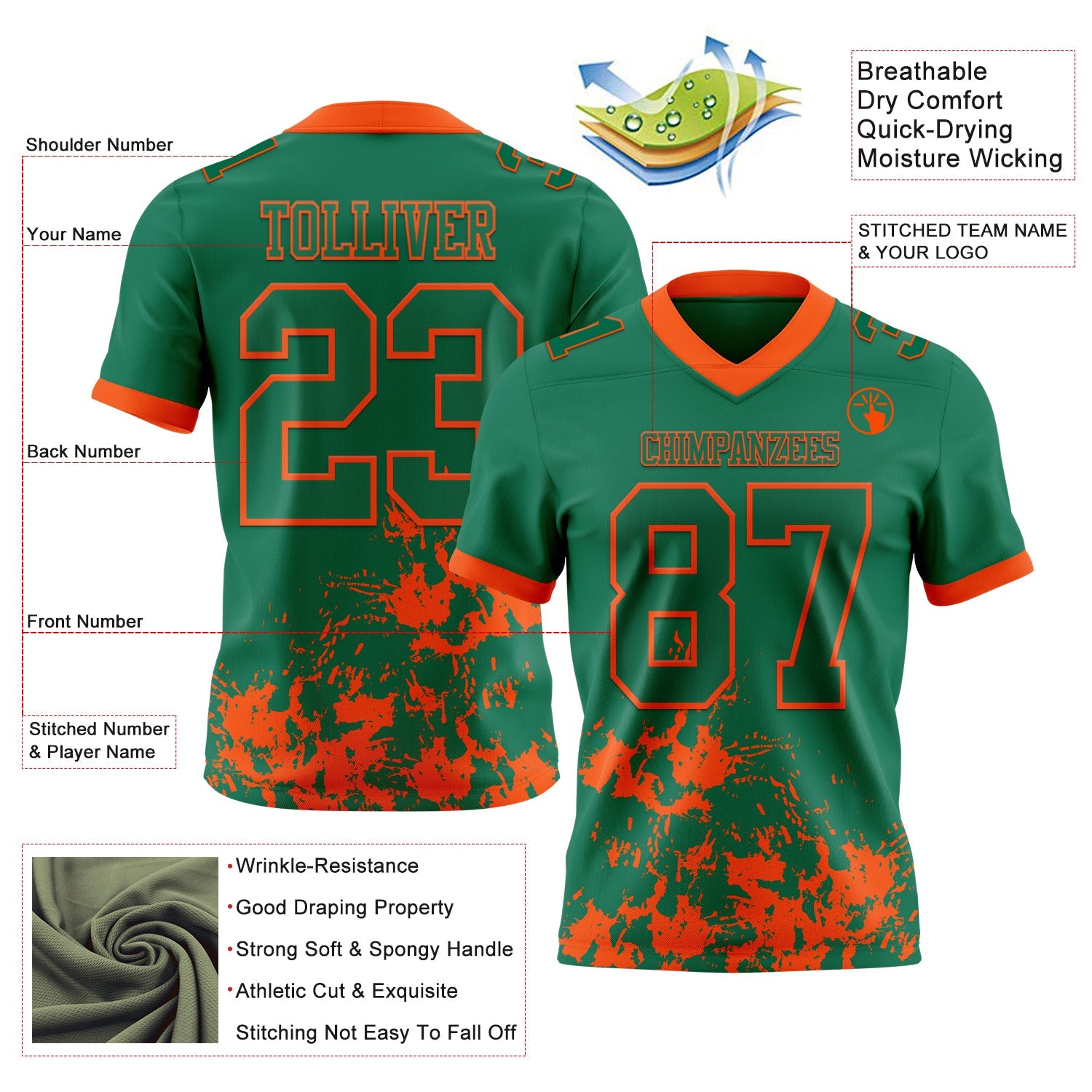 Custom Kelly Green Orange 3D Pattern Splash Authentic Football Jersey view 2