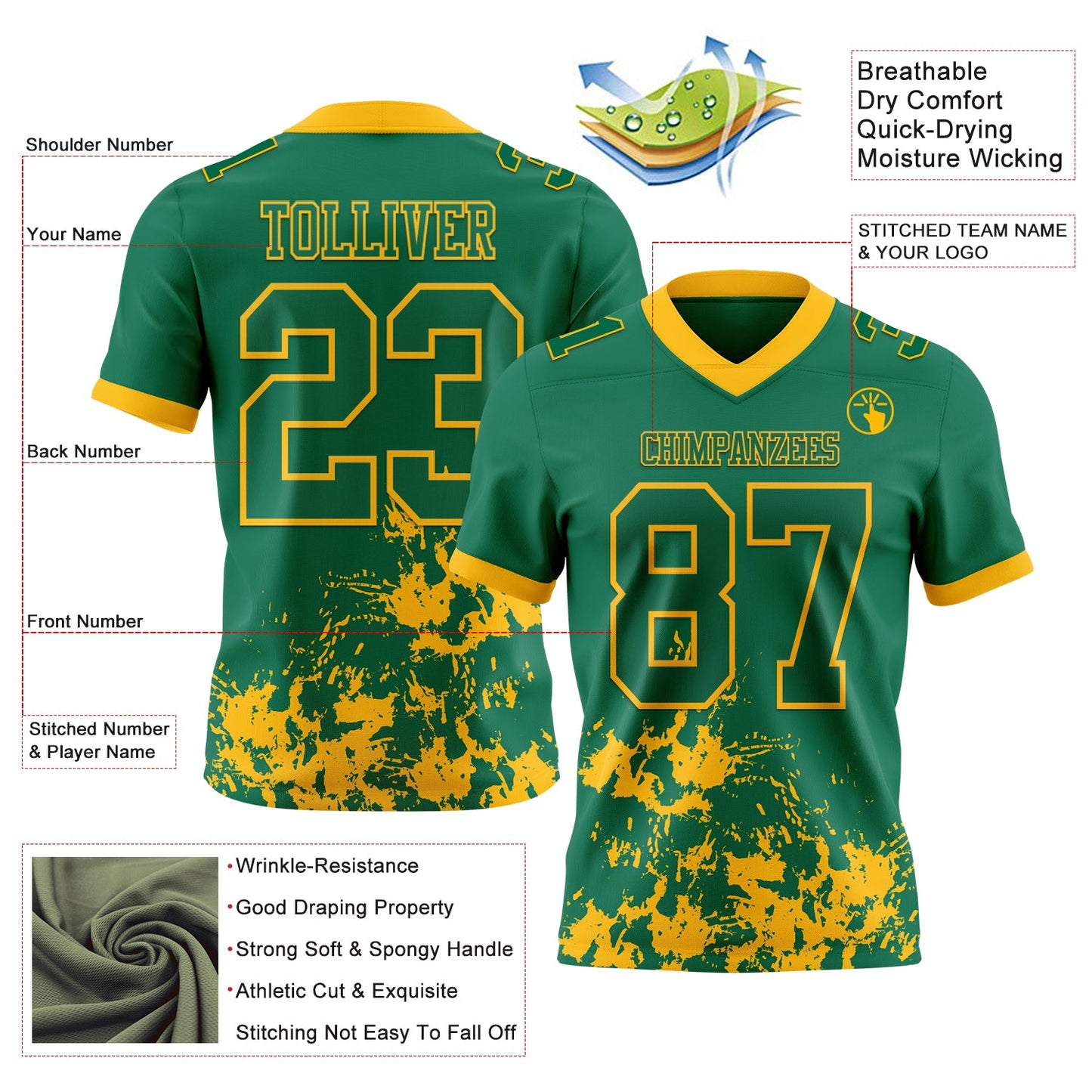 Custom Kelly Green Gold 3D Pattern Splash Authentic Football Jersey view 2