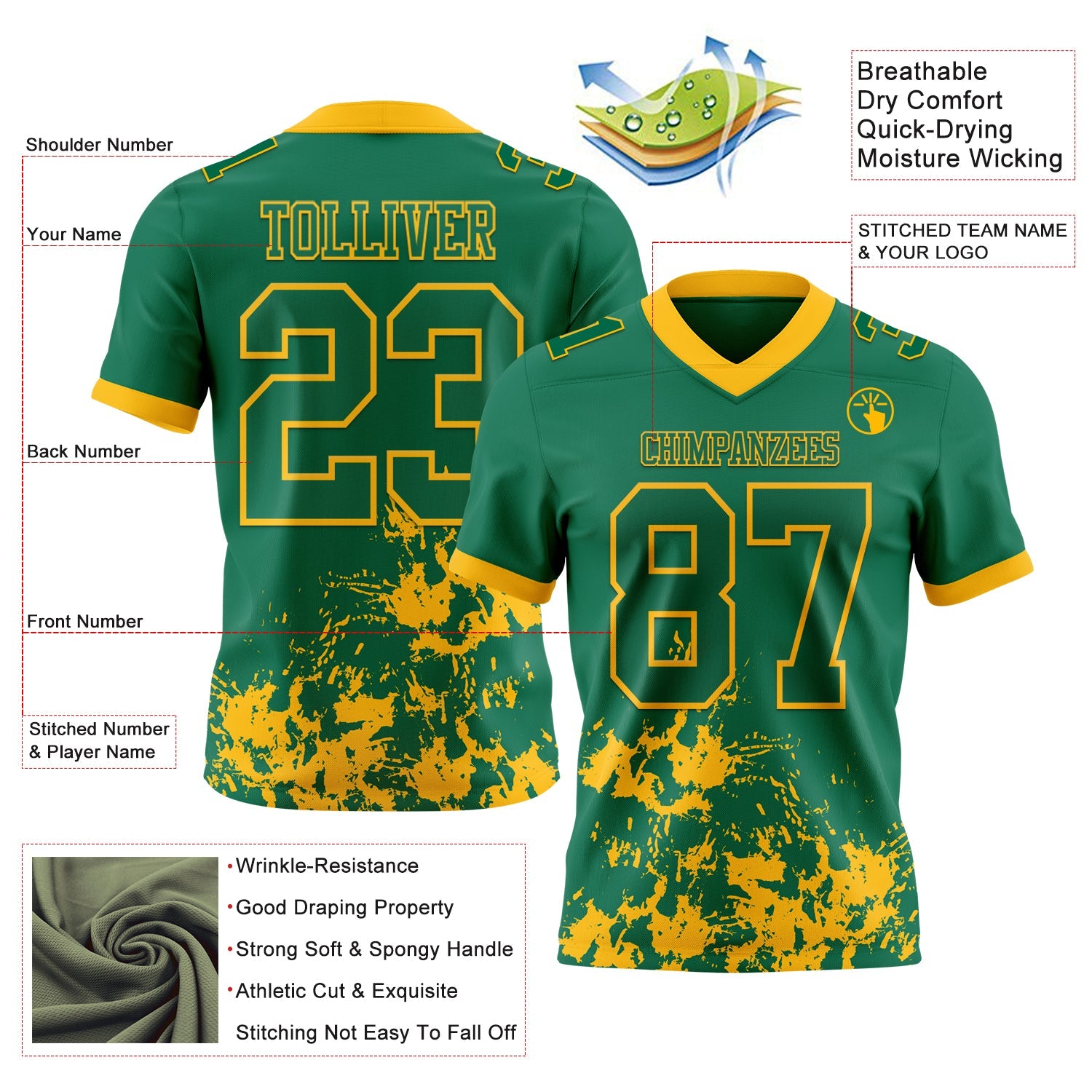 Custom Kelly Green Gold 3D Pattern Splash Authentic Football Jersey view 2