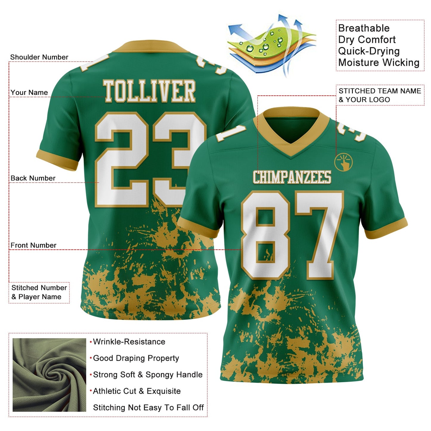 Custom Kelly Green White-Old Gold 3D Pattern Splash Authentic Football Jersey view 2