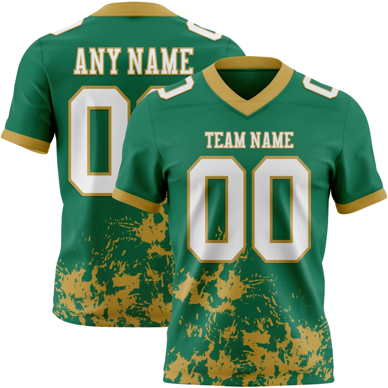 Custom Kelly Green White-Old Gold 3D Pattern Splash Authentic Football Jersey - Main View