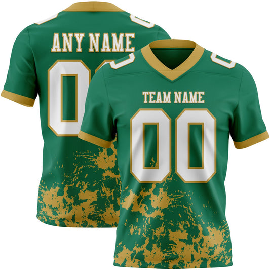 Custom Kelly Green White-Old Gold 3D Pattern Splash Authentic Football Jersey - Main View