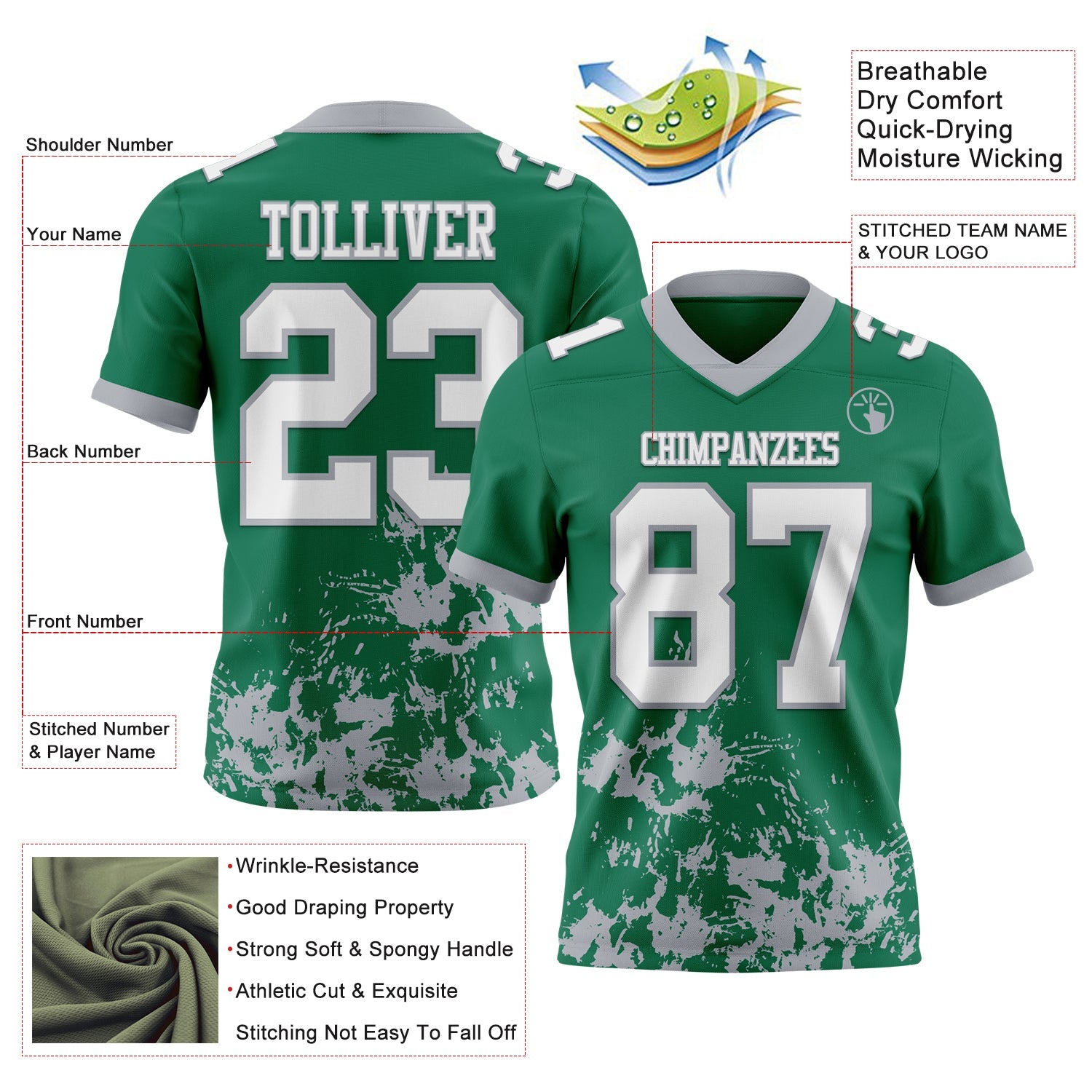 Custom Kelly Green White-Gray 3D Pattern Splash Authentic Football Jersey view 2