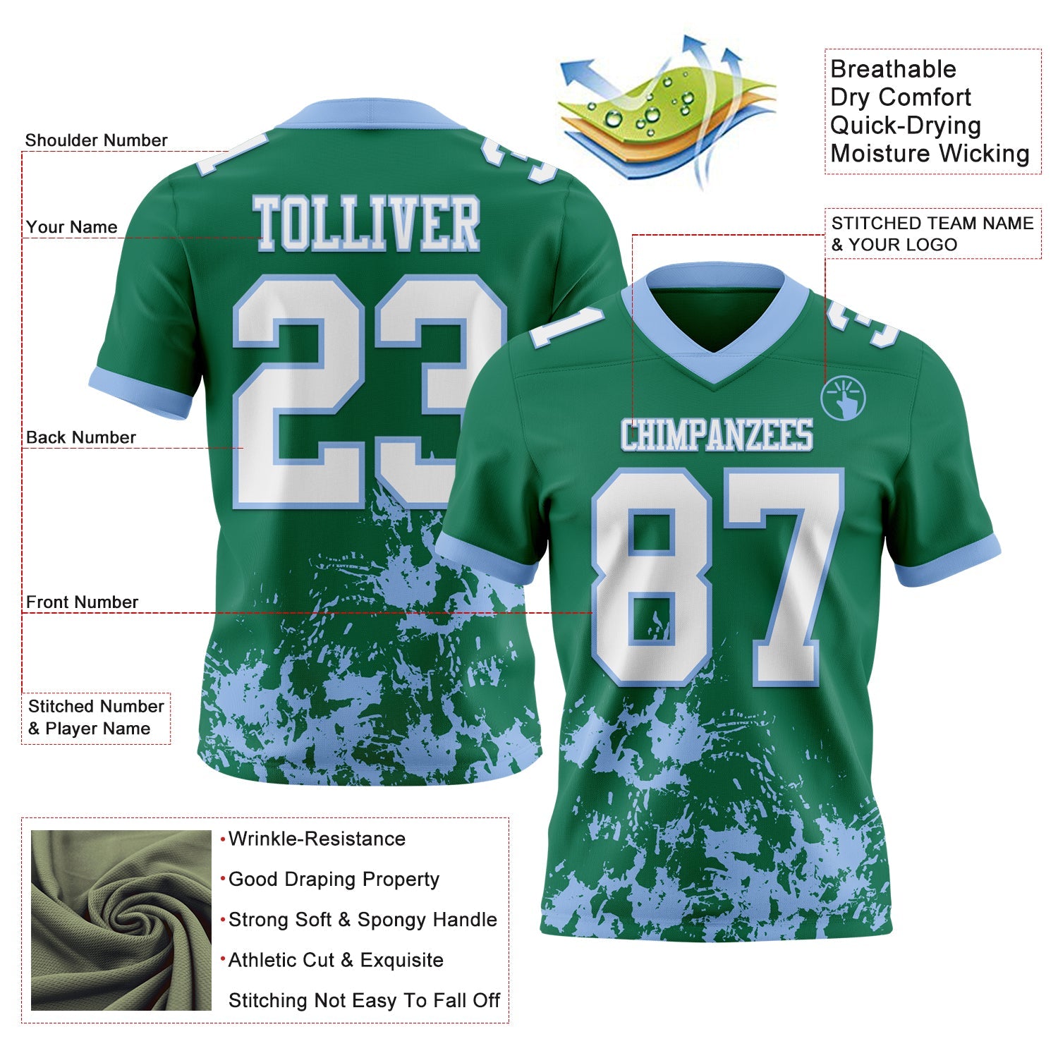 Custom Kelly Green White-Light Blue 3D Pattern Splash Authentic Football Jersey view 2