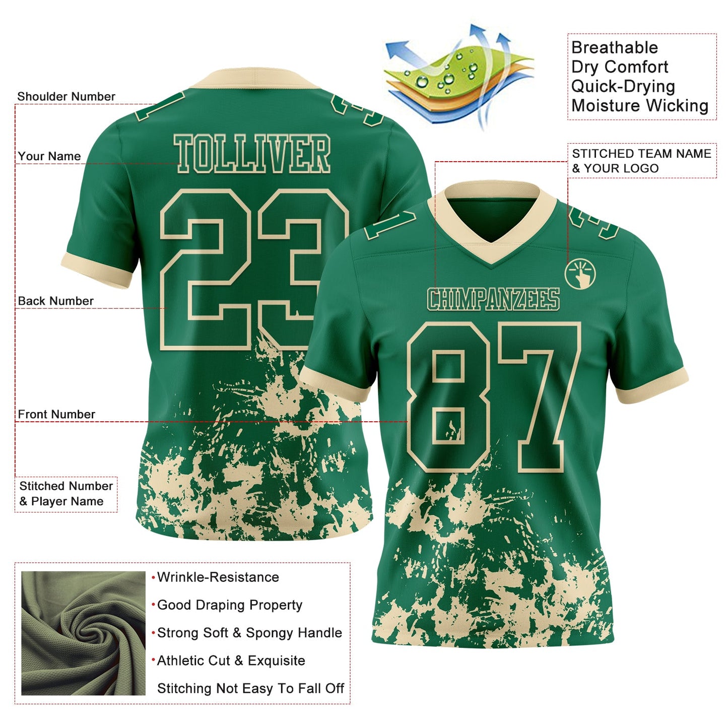 Custom Kelly Green Cream 3D Pattern Splash Authentic Football Jersey view 2
