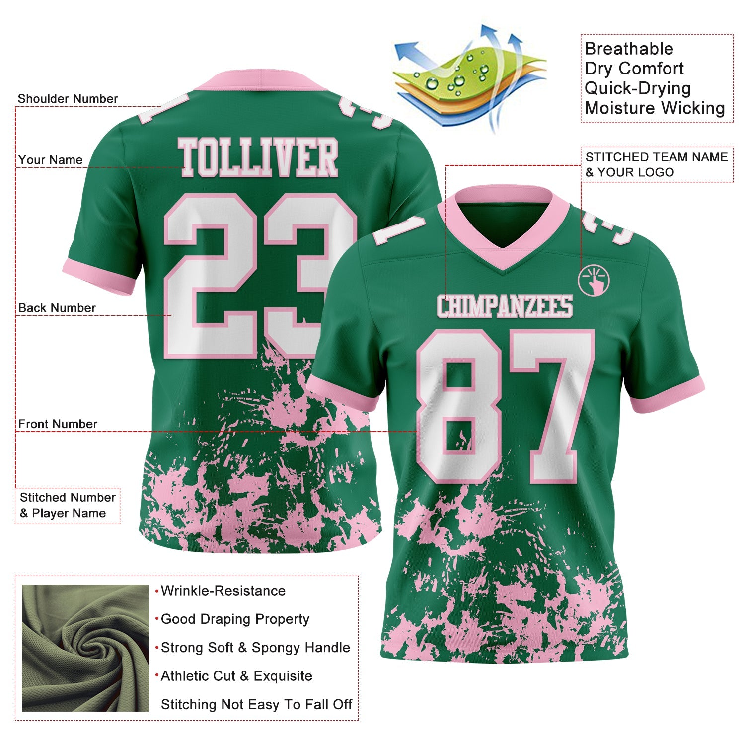 Custom Kelly Green White-Light Pink 3D Pattern Splash Authentic Football Jersey view 2