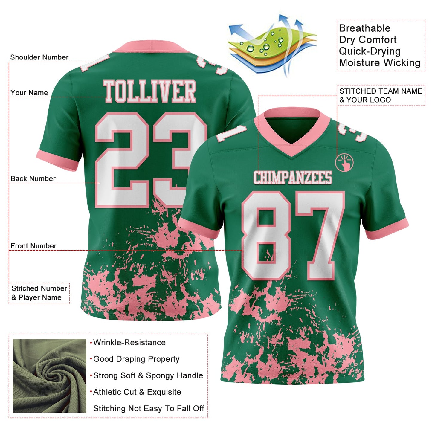 Custom Kelly Green White-Medium Pink 3D Pattern Splash Authentic Football Jersey view 2