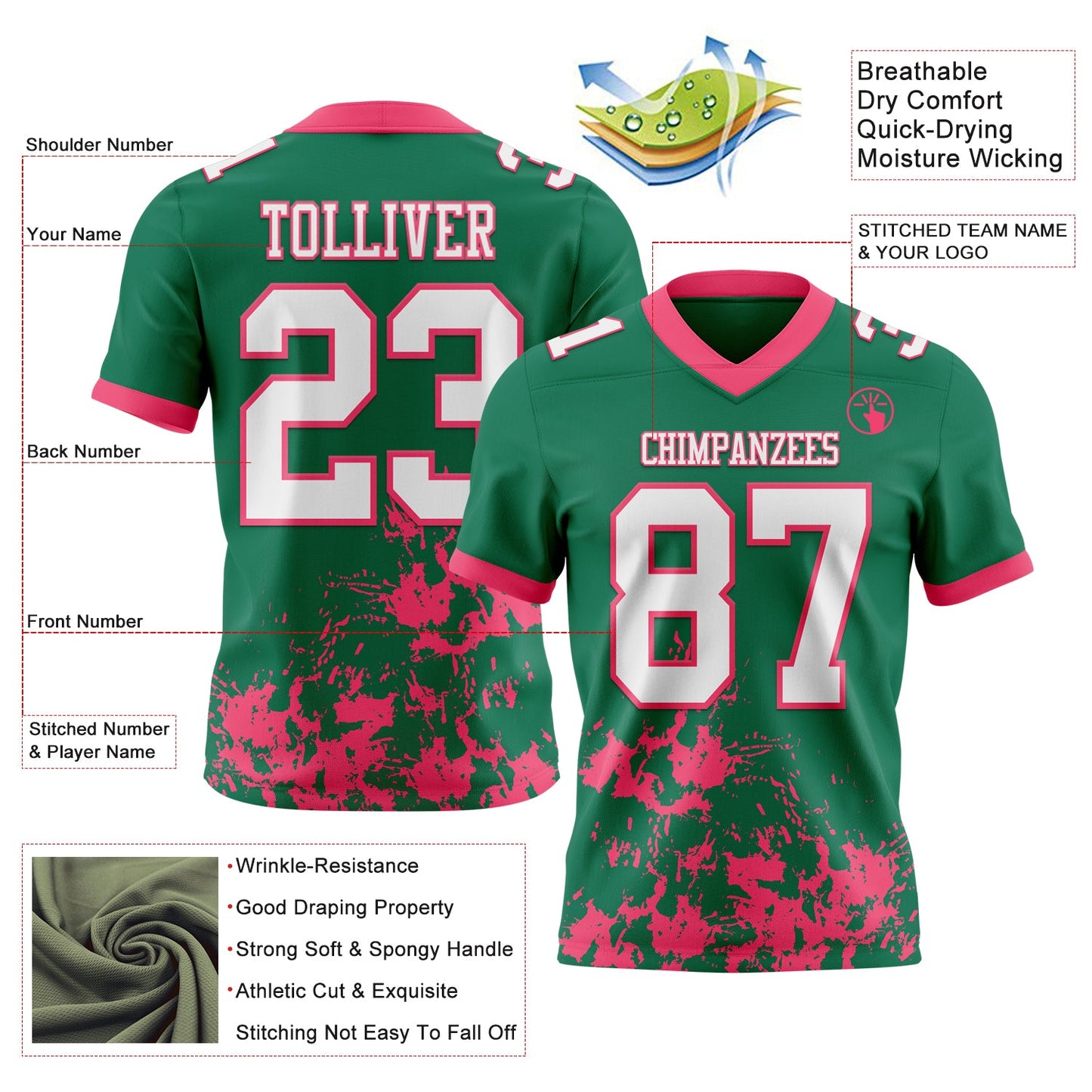 Custom Kelly Green White-Neon Pink 3D Pattern Splash Authentic Football Jersey view 2