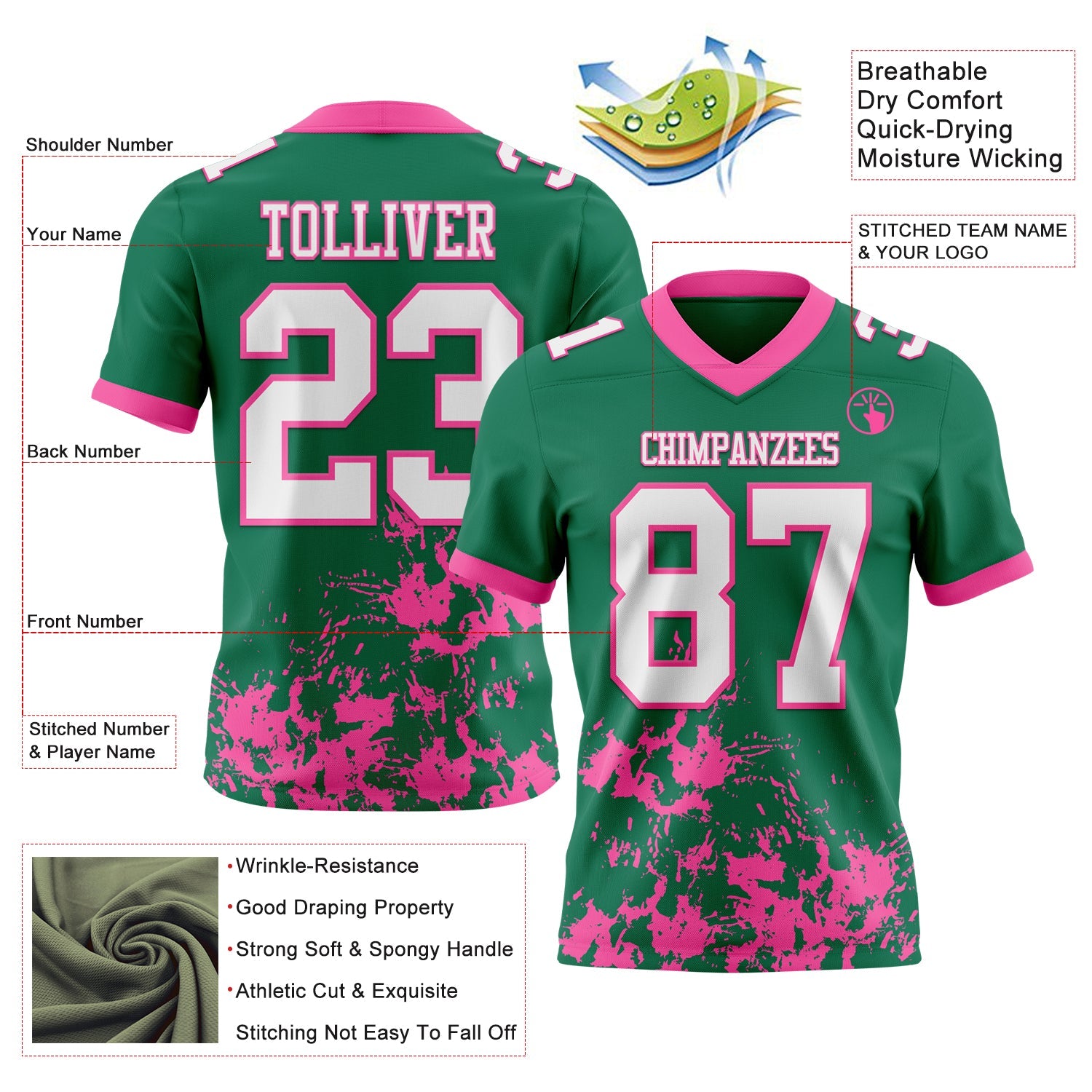 Custom Kelly Green White-Pink 3D Pattern Splash Authentic Football Jersey view 2