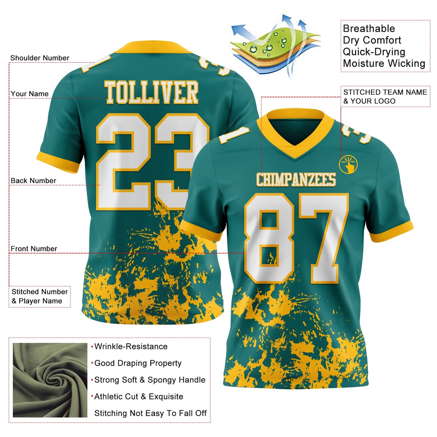 Custom Teal White-Gold 3D Pattern Splash Authentic Football Jersey view 2