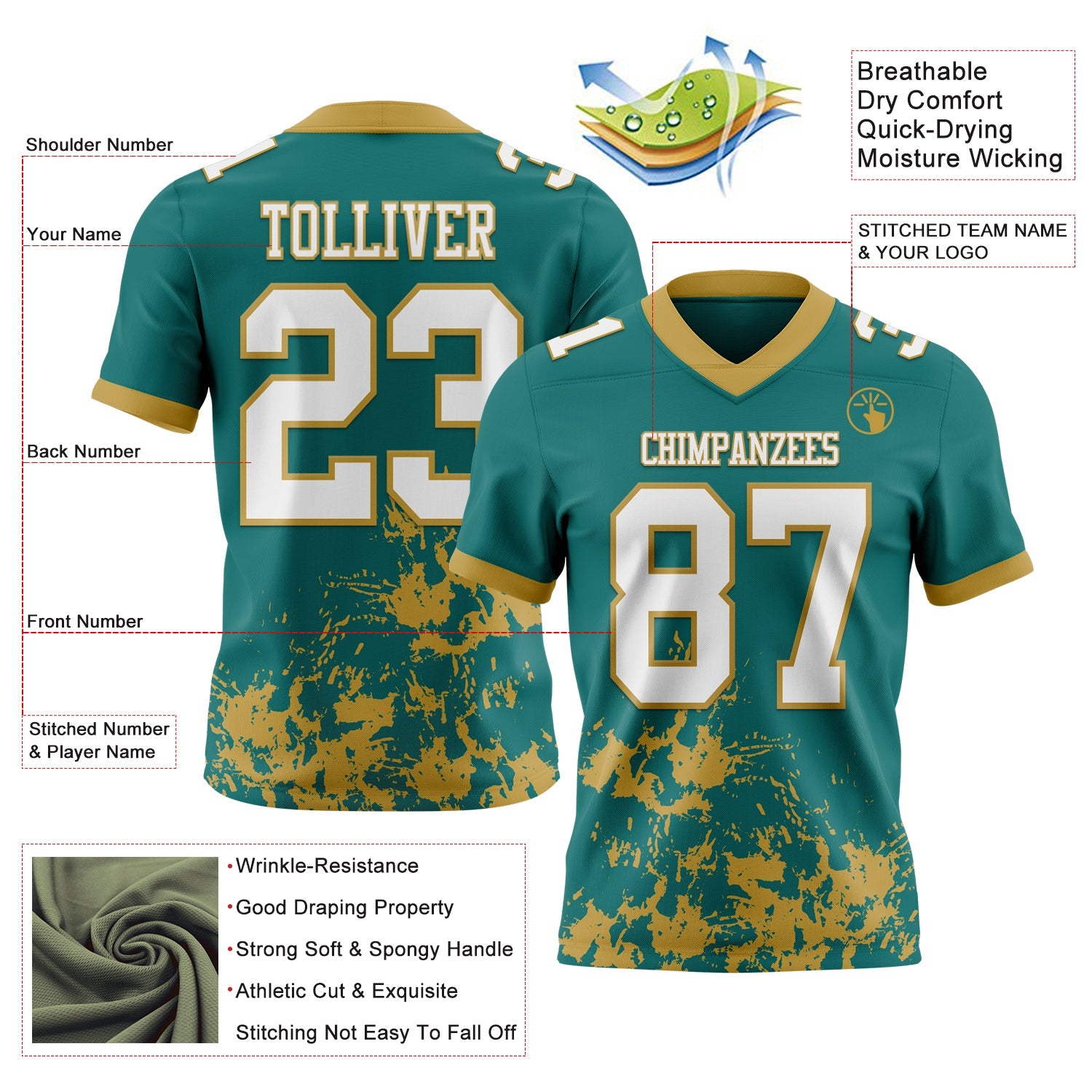 Custom Teal White-Old Gold 3D Pattern Splash Authentic Football Jersey view 2
