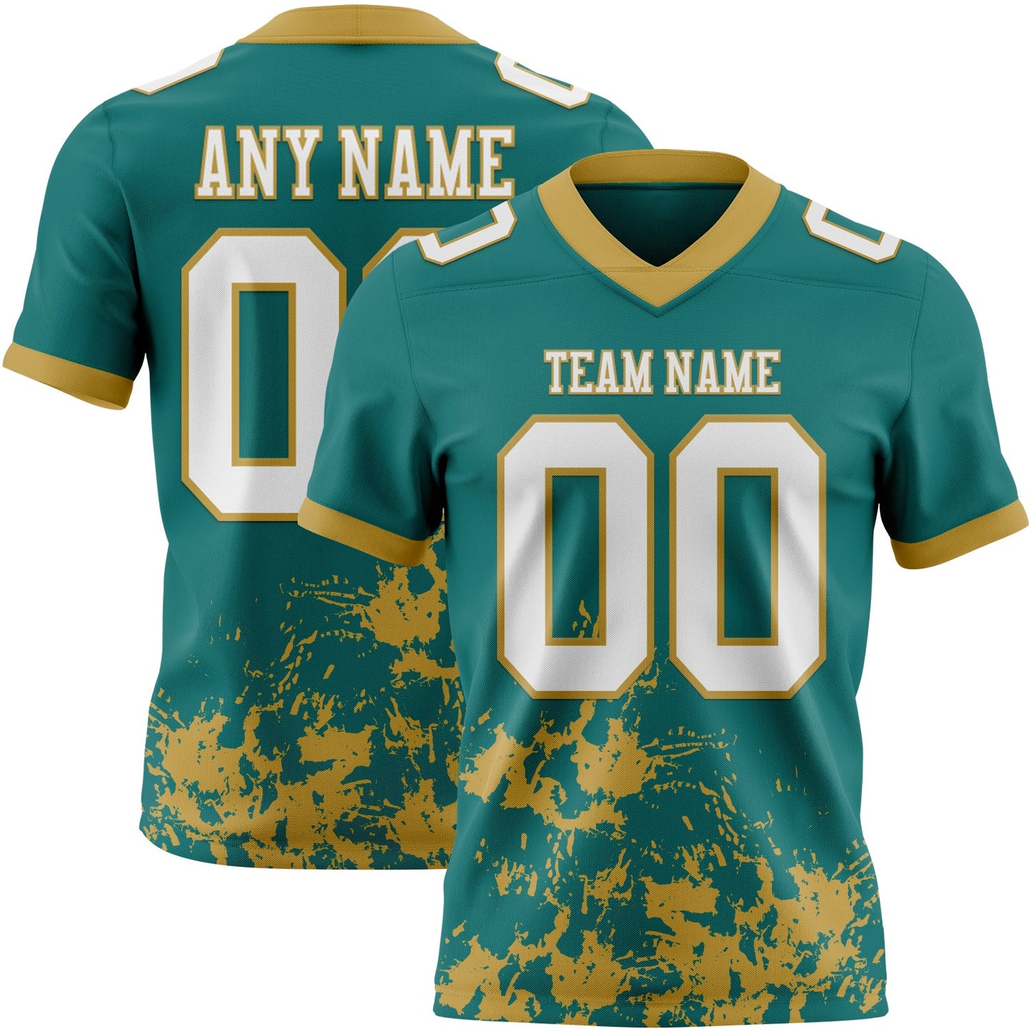 Custom Teal White-Old Gold 3D Pattern Splash Authentic Football Jersey - Main View