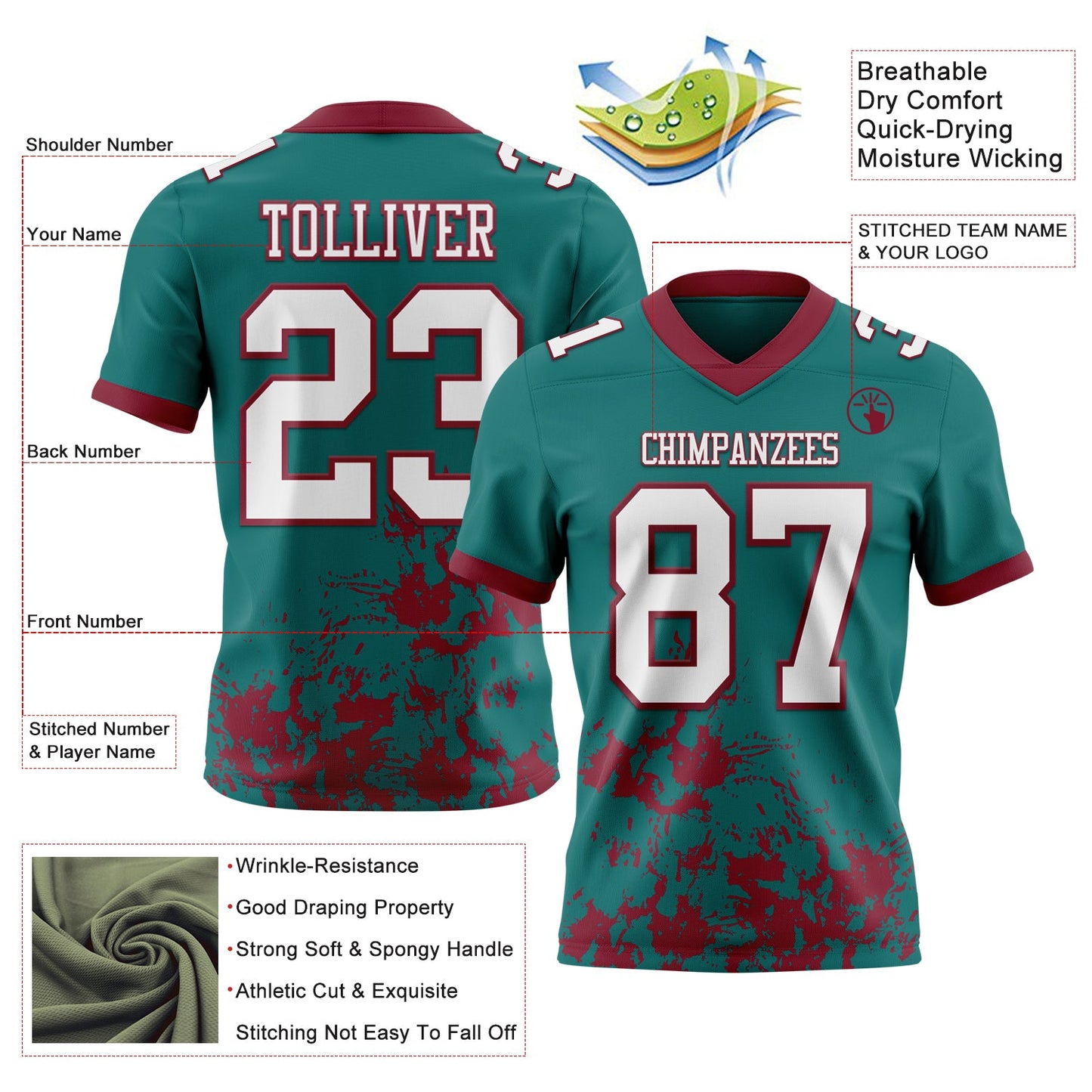 Custom Teal White-Crimson 3D Pattern Splash Authentic Football Jersey view 2