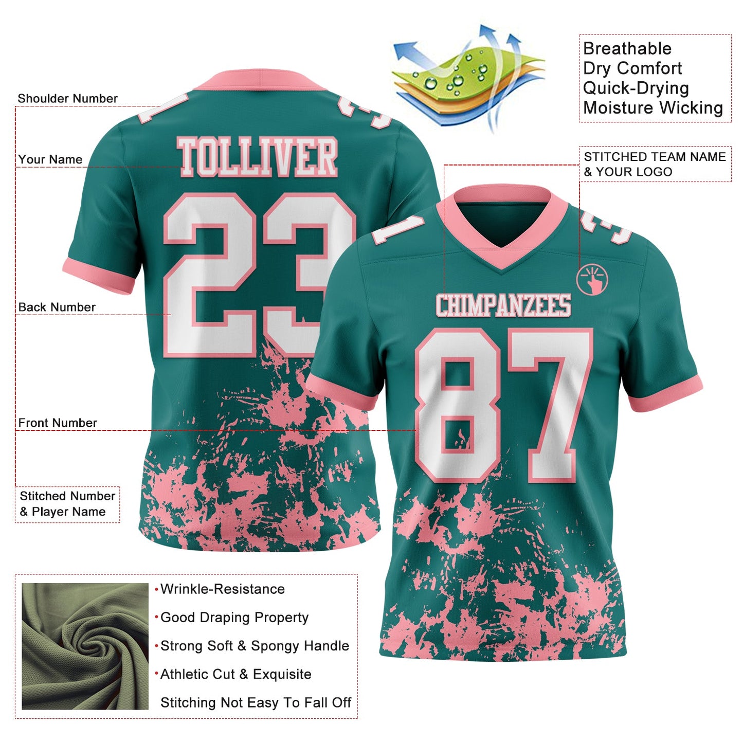Custom Teal White-Medium Pink 3D Pattern Splash Authentic Football Jersey view 2