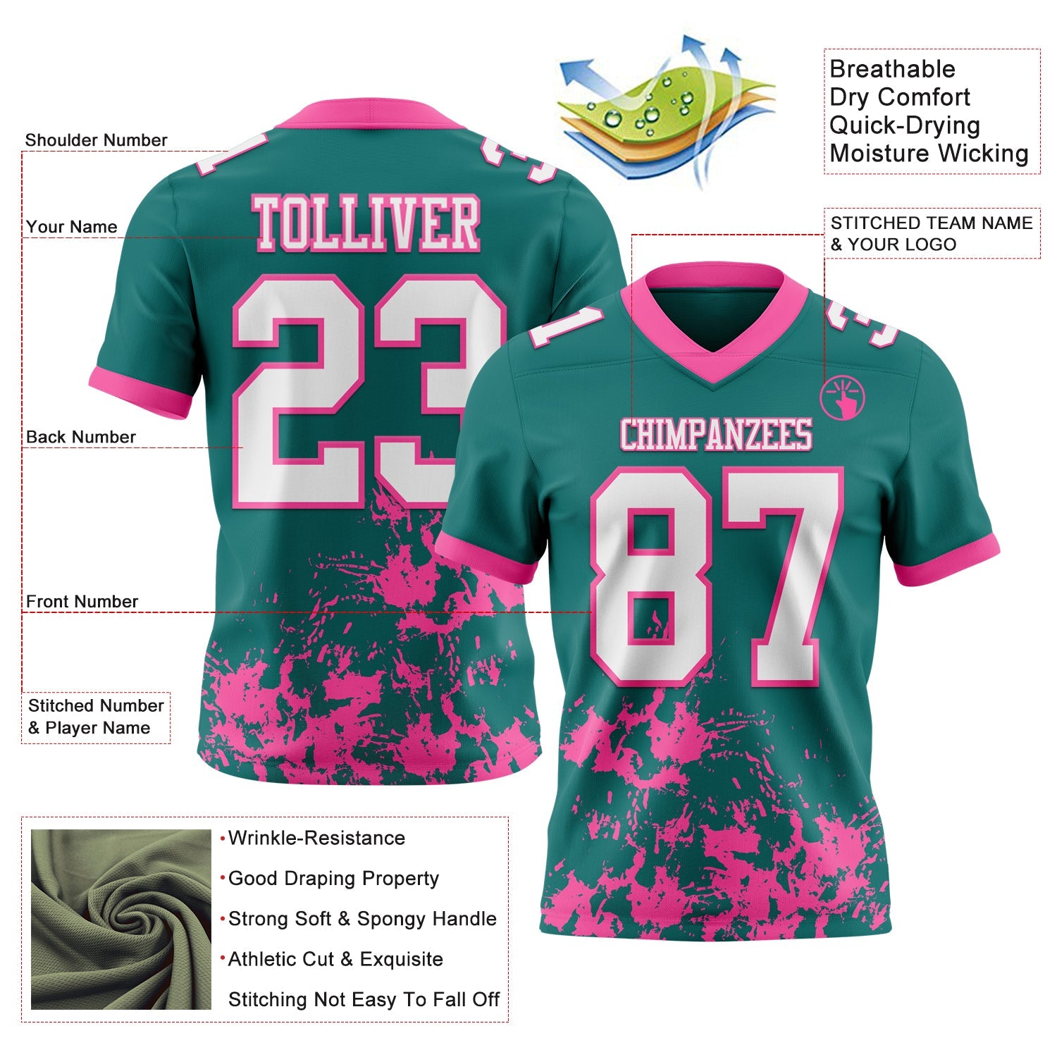 Custom Teal White-Pink 3D Pattern Splash Authentic Football Jersey view 2