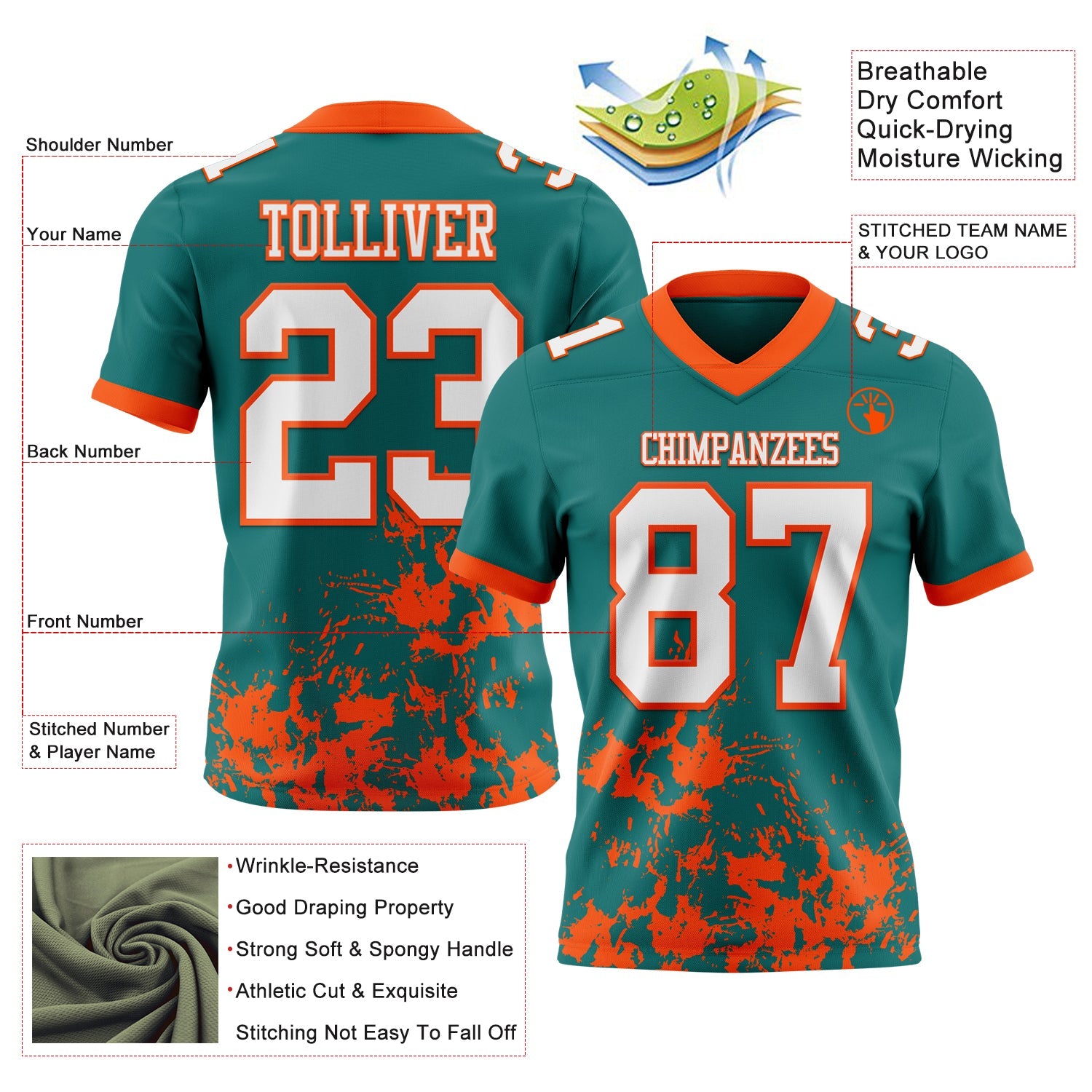 Custom Teal White-Orange 3D Pattern Splash Authentic Football Jersey view 2