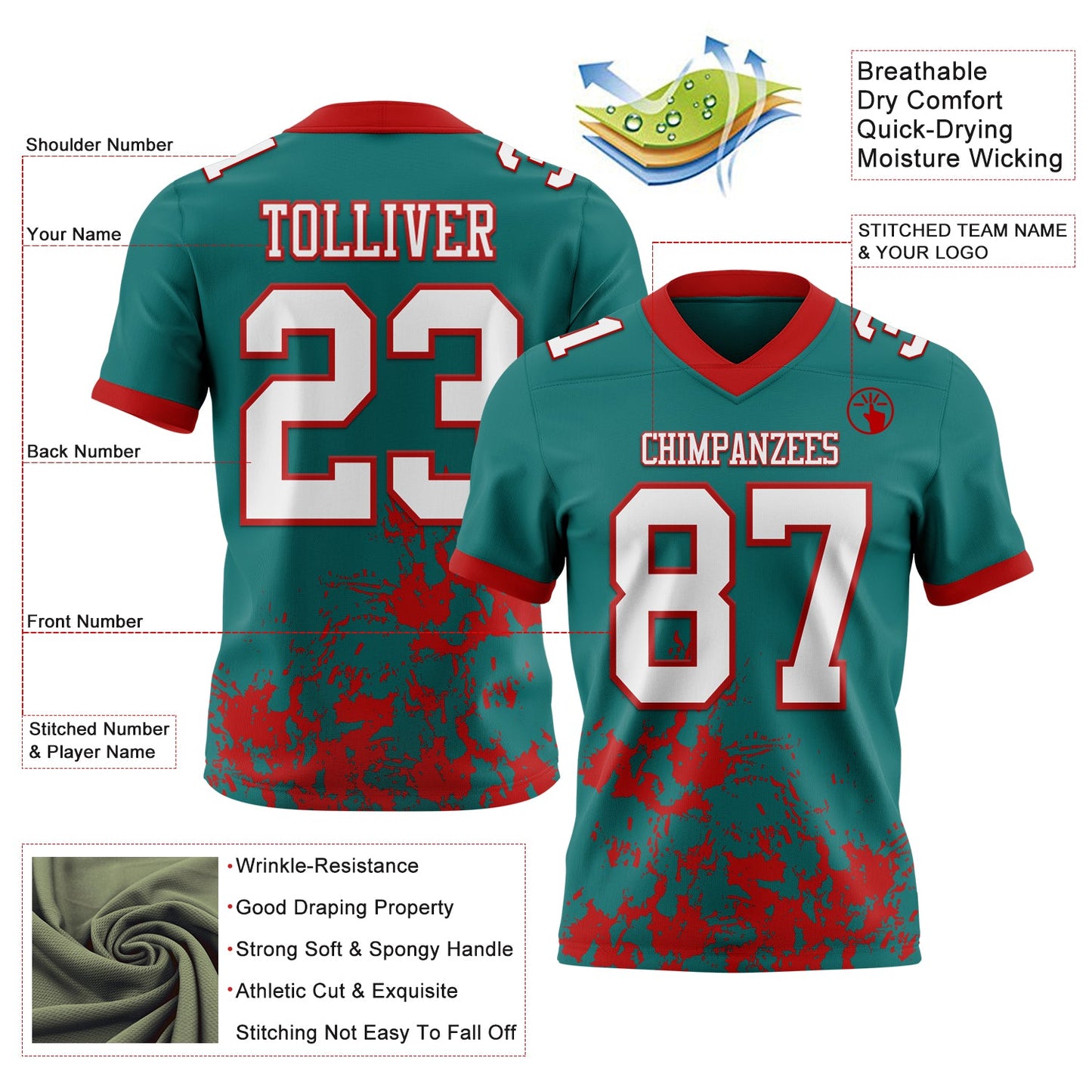 Custom Teal White-Red 3D Pattern Splash Authentic Football Jersey view 2