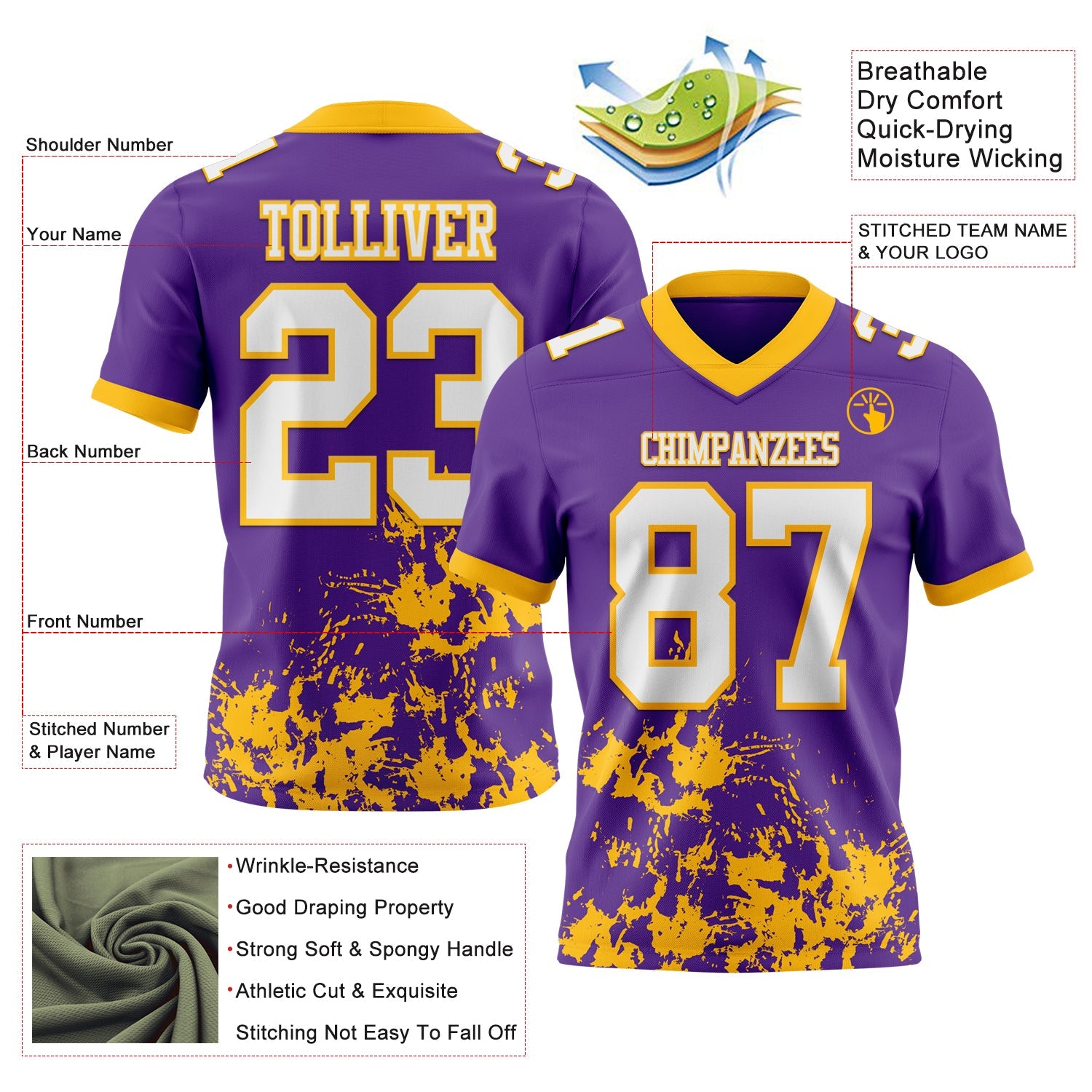 Custom Purple White-Gold 3D Pattern Splash Authentic Football Jersey view 2