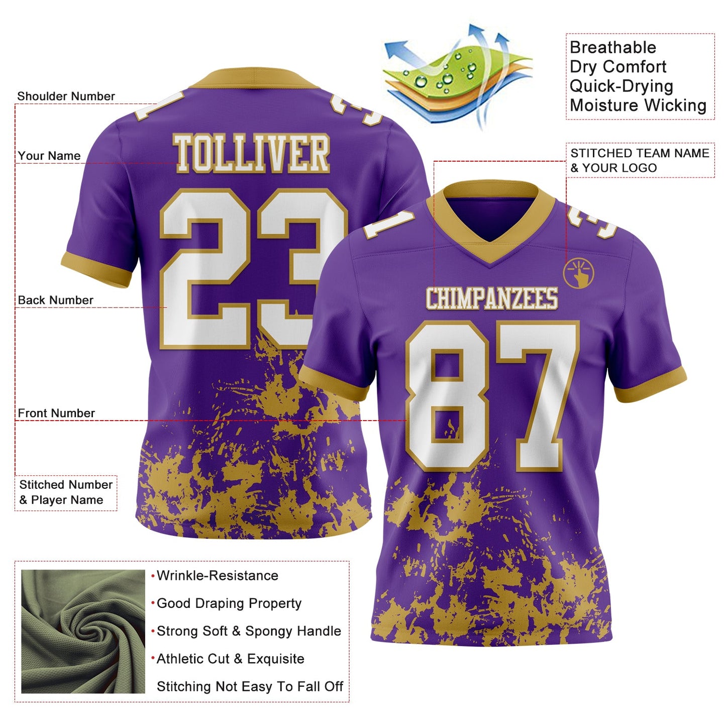 Custom Purple White-Old Gold 3D Pattern Splash Authentic Football Jersey view 2