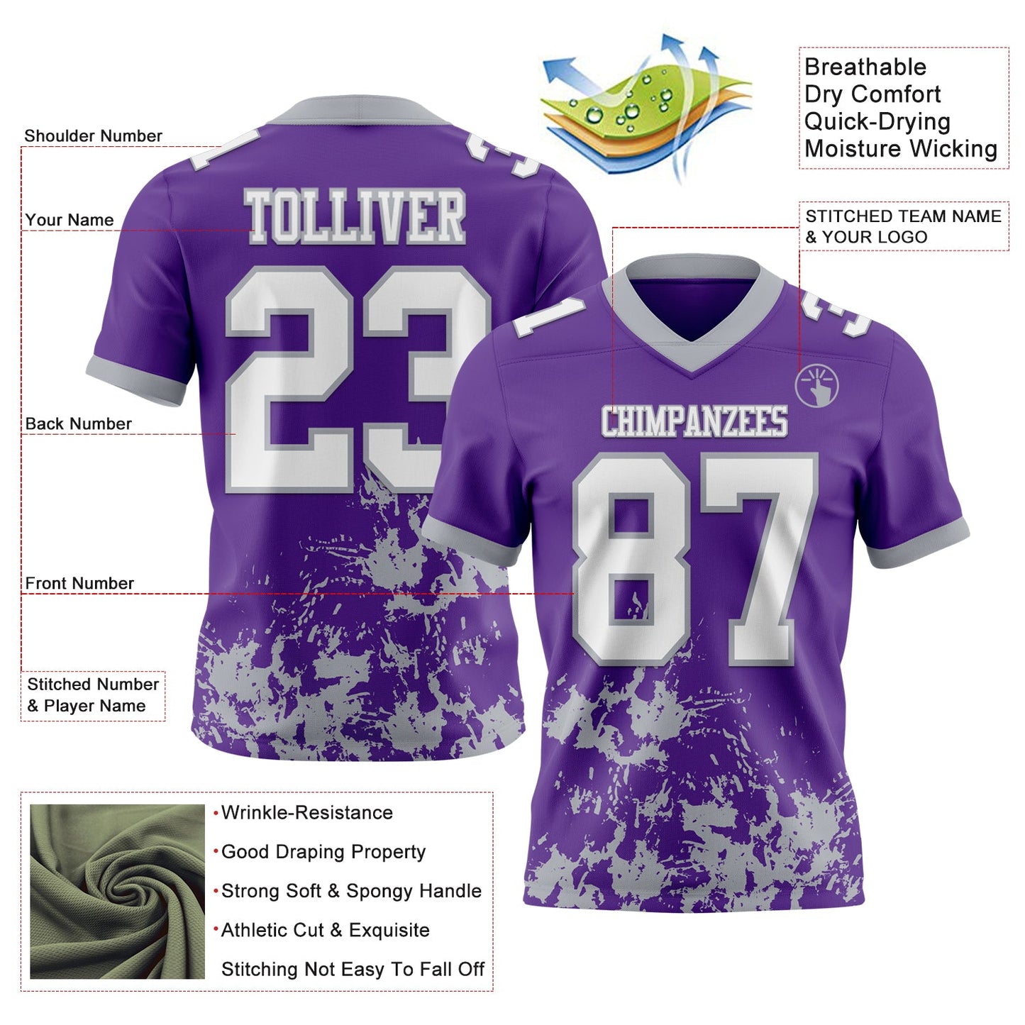 Custom Purple White-Gray 3D Pattern Splash Authentic Football Jersey view 2