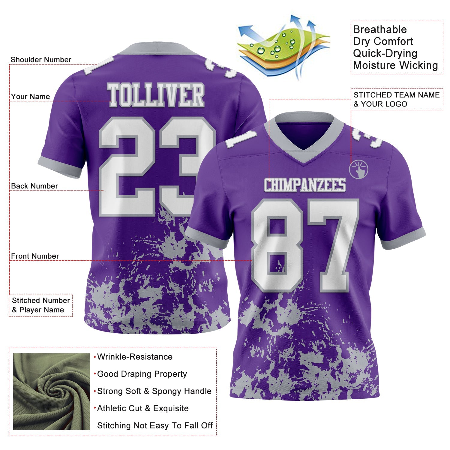 Custom Purple White-Gray 3D Pattern Splash Authentic Football Jersey view 2