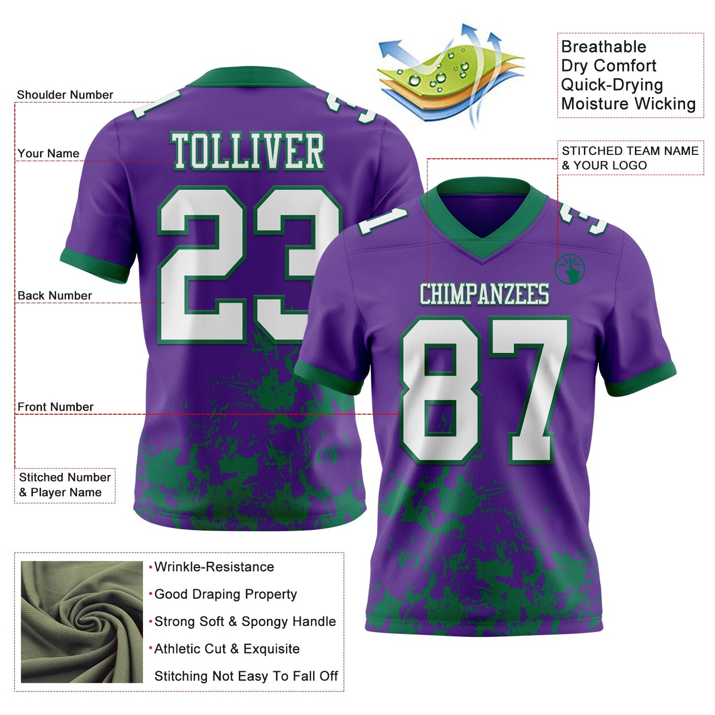Custom Purple White-Kelly Green 3D Pattern Splash Authentic Football Jersey view 2