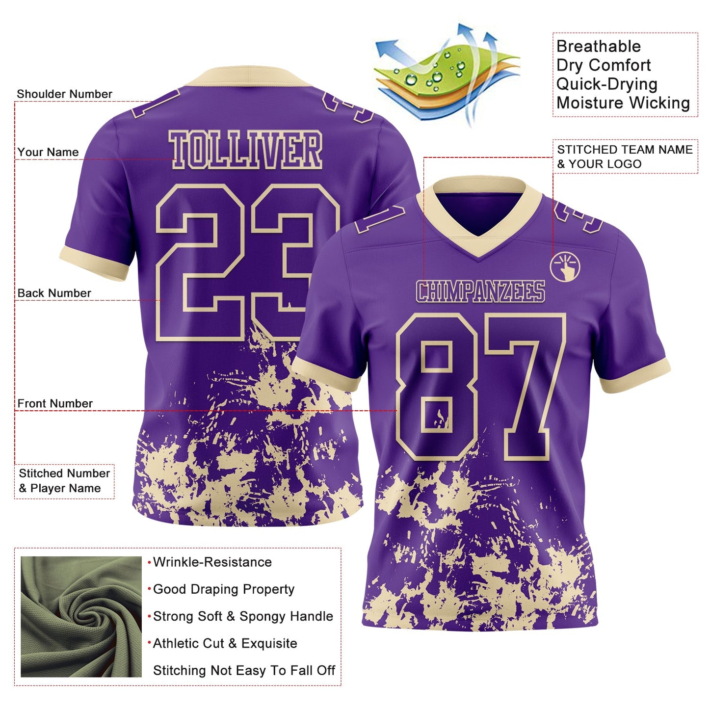 Custom Purple White-Cream 3D Pattern Splash Authentic Football Jersey view 2