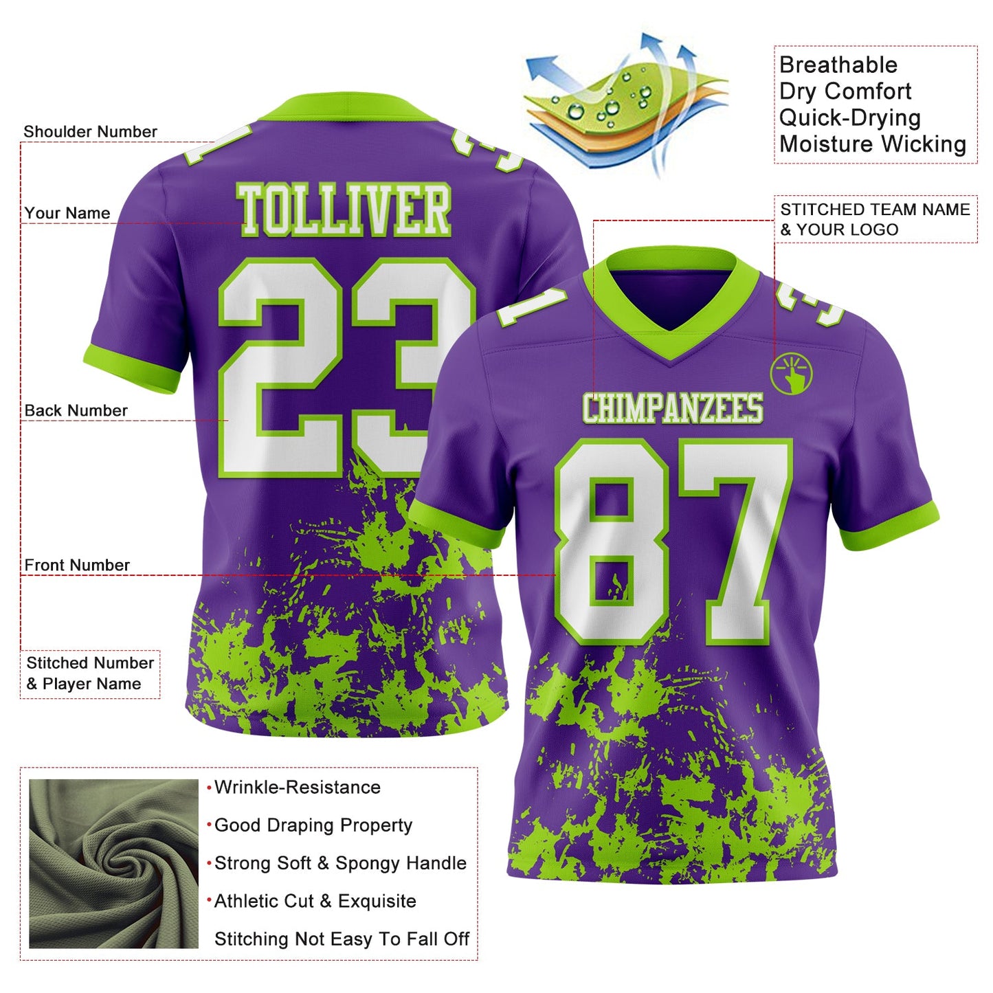 Custom Purple White-Neon Green 3D Pattern Splash Authentic Football Jersey view 2
