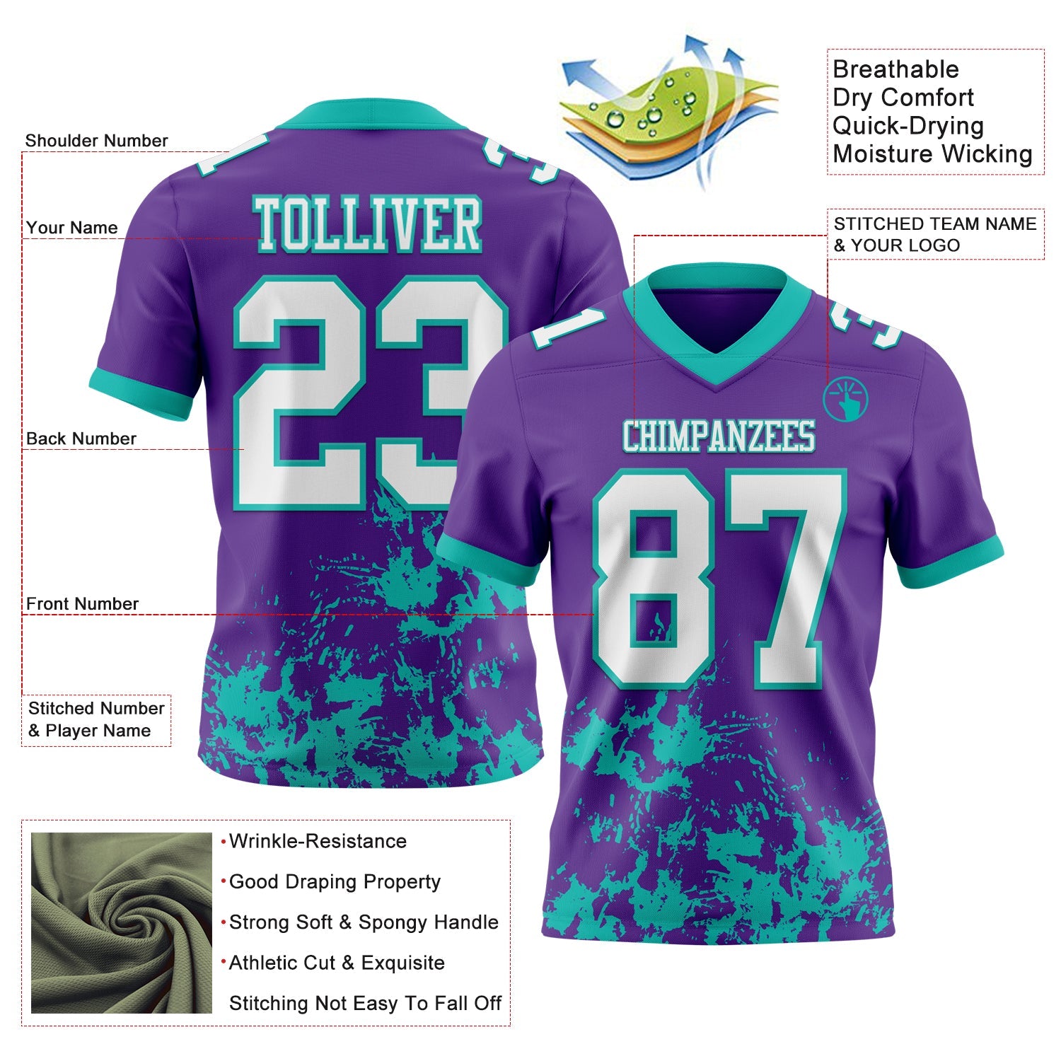 Custom Purple White-Aqua 3D Pattern Splash Authentic Football Jersey view 2
