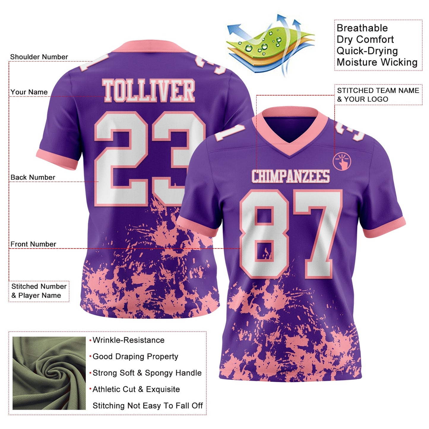 Custom Purple White-Medium Pink 3D Pattern Splash Authentic Football Jersey view 2