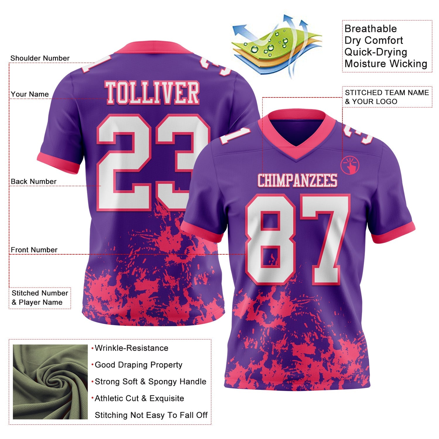 Custom Purple White-Neon Pink 3D Pattern Splash Authentic Football Jersey view 2