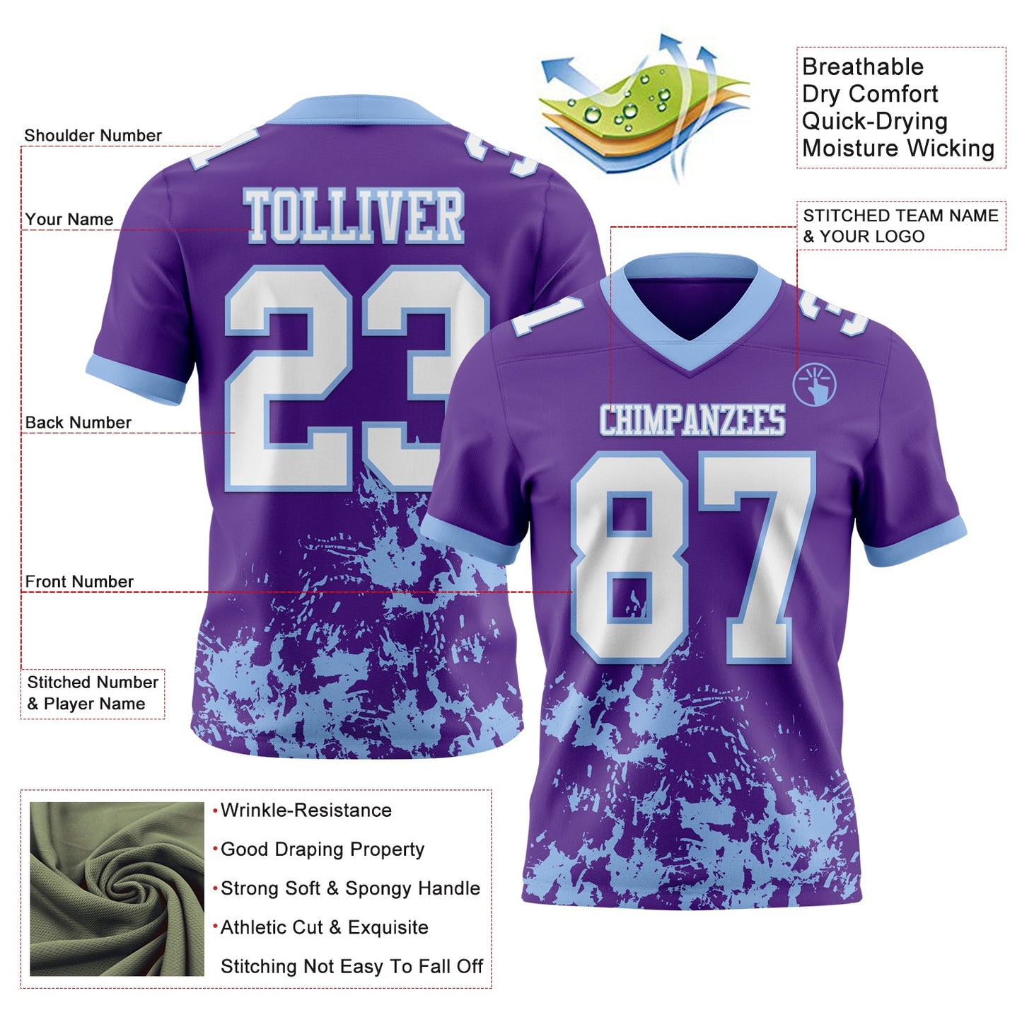 Custom Purple White-Light Blue 3D Pattern Splash Authentic Football Jersey view 2