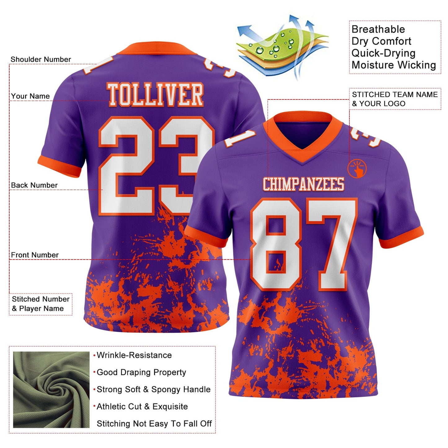 Custom Purple White-Orange 3D Pattern Splash Authentic Football Jersey view 2