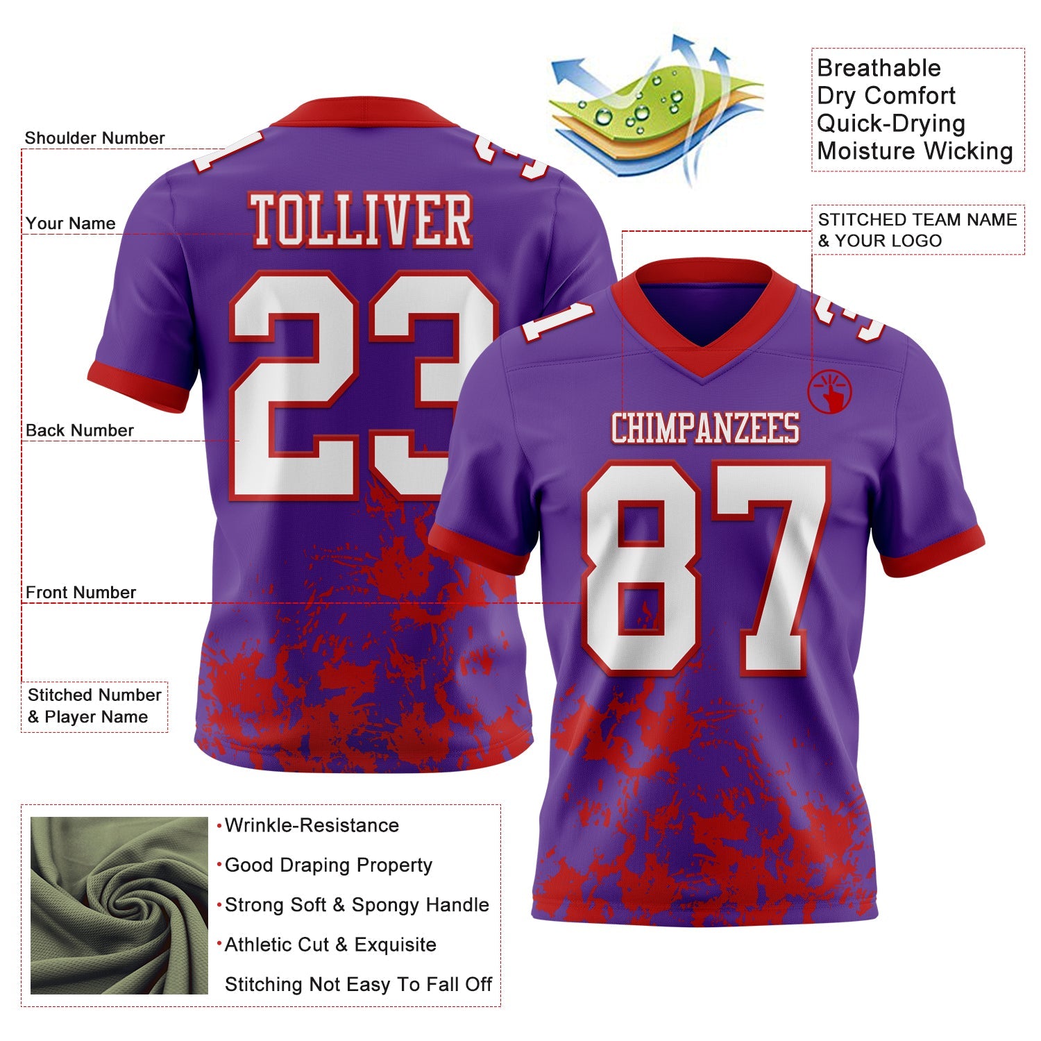 Custom Purple White-Red 3D Pattern Splash Authentic Football Jersey view 2