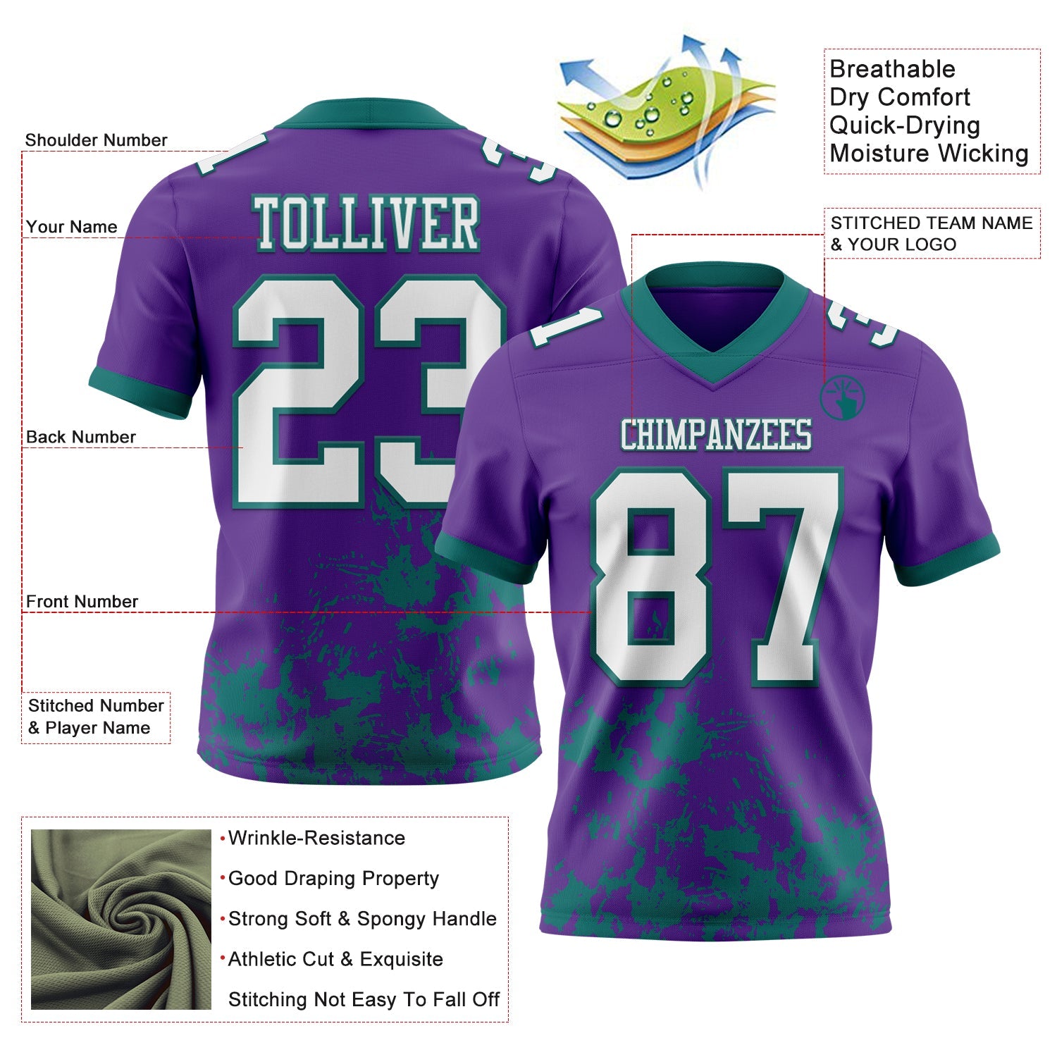 Custom Purple White-Teal 3D Pattern Splash Authentic Football Jersey view 2