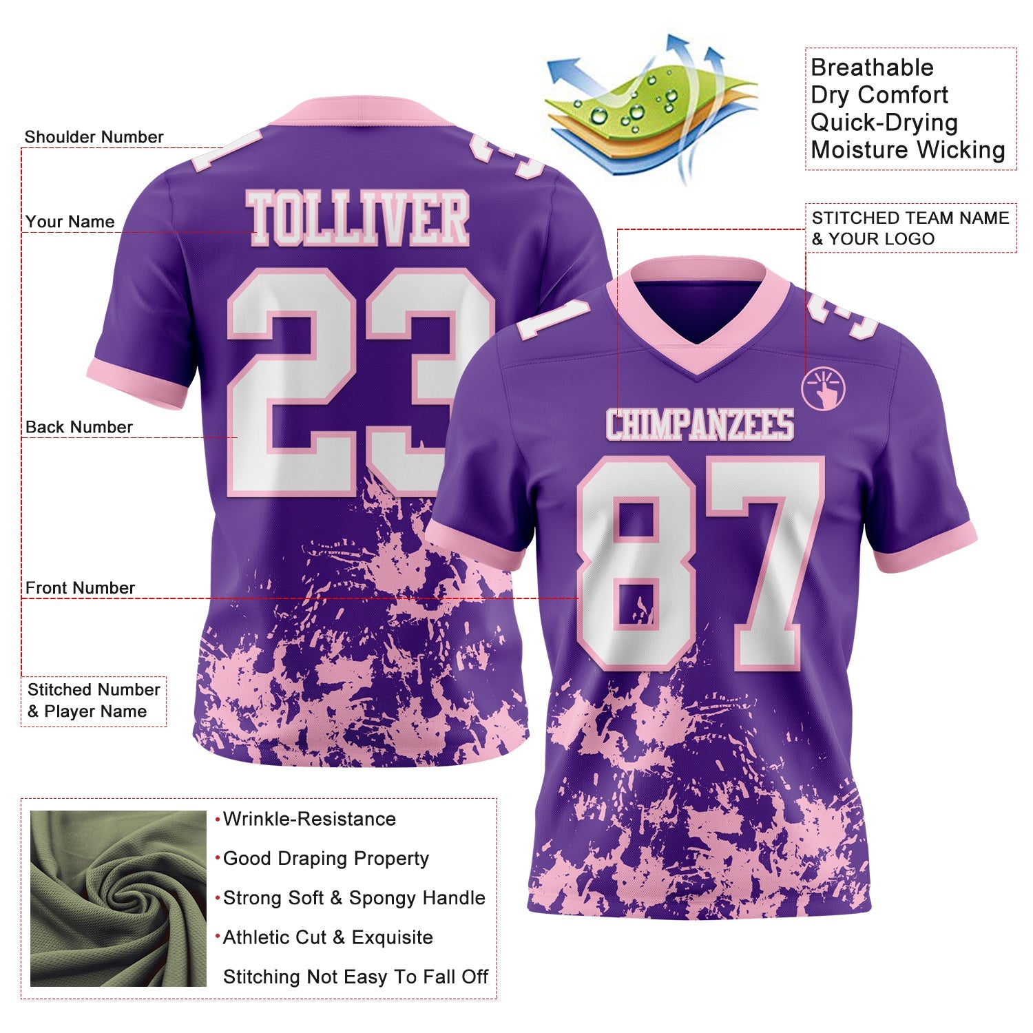 Custom Purple White-Light Pink 3D Pattern Splash Authentic Football Jersey view 2