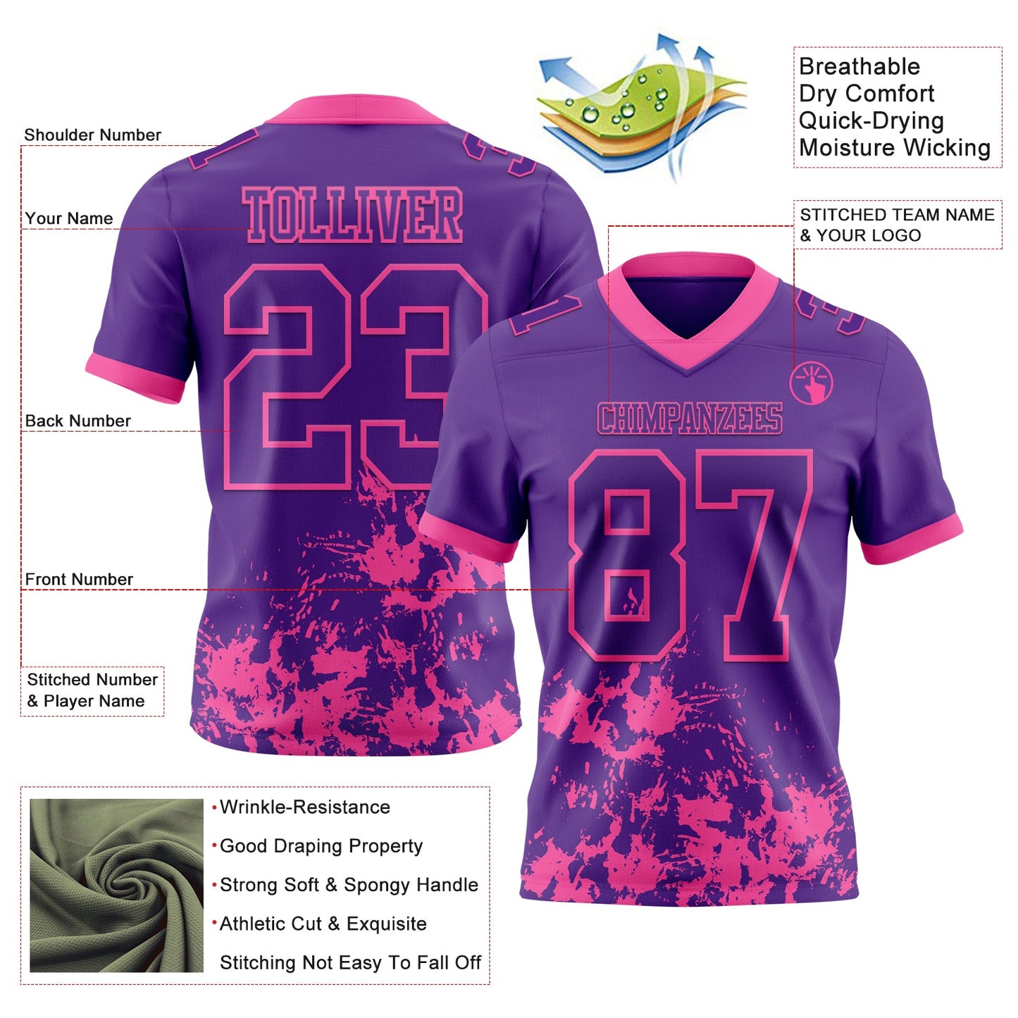 Custom Purple Pink 3D Pattern Splash Authentic Football Jersey view 2