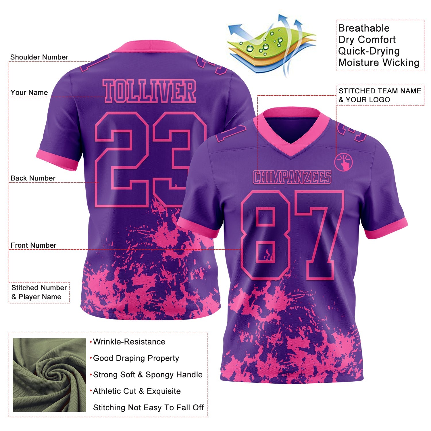 Custom Purple Pink 3D Pattern Splash Authentic Football Jersey view 2